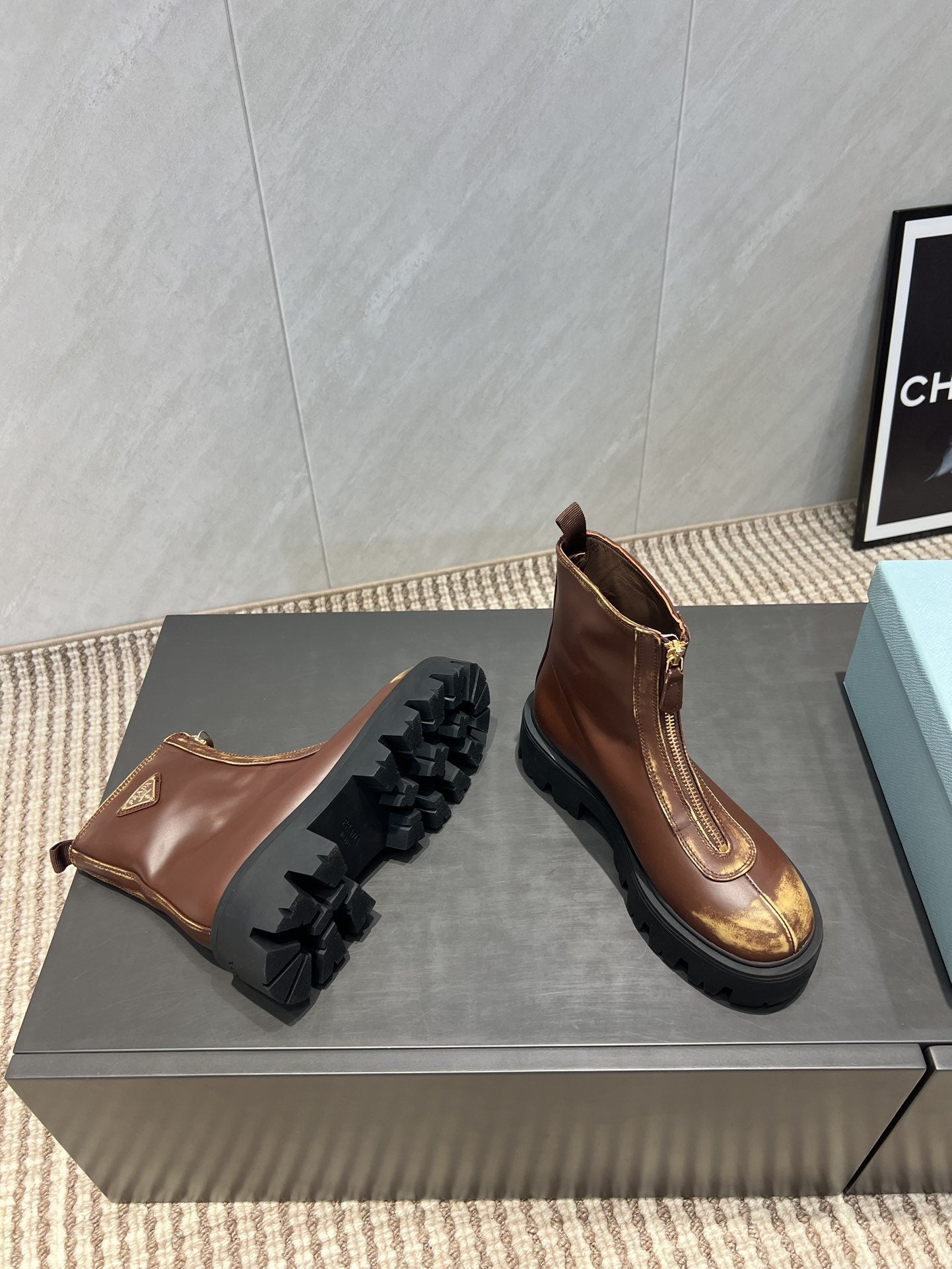 Prada 25 Martin Boots Brown Black Cowhide 501672