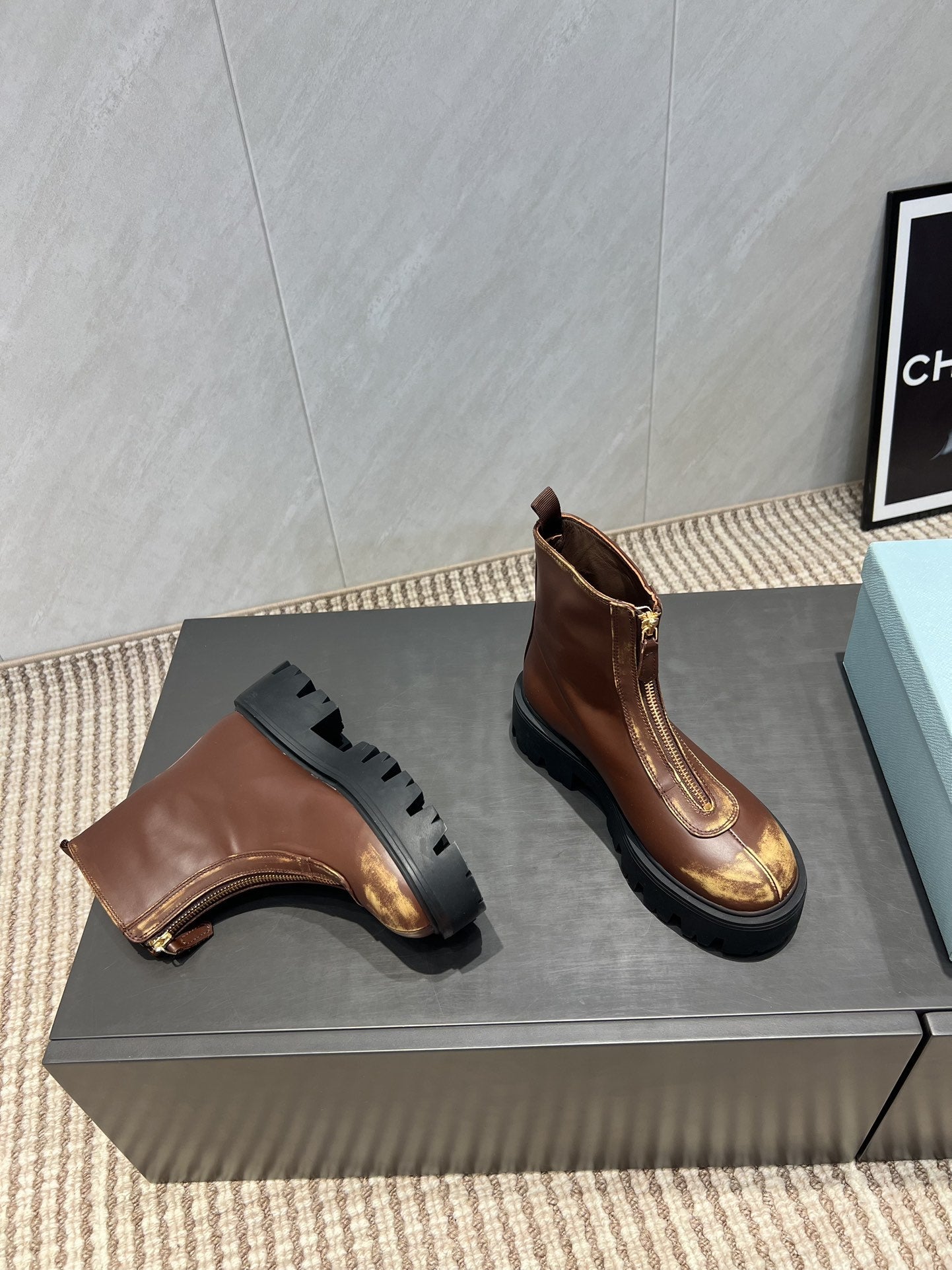 Prada 25 Martin Boots Brown Black Cowhide 501672