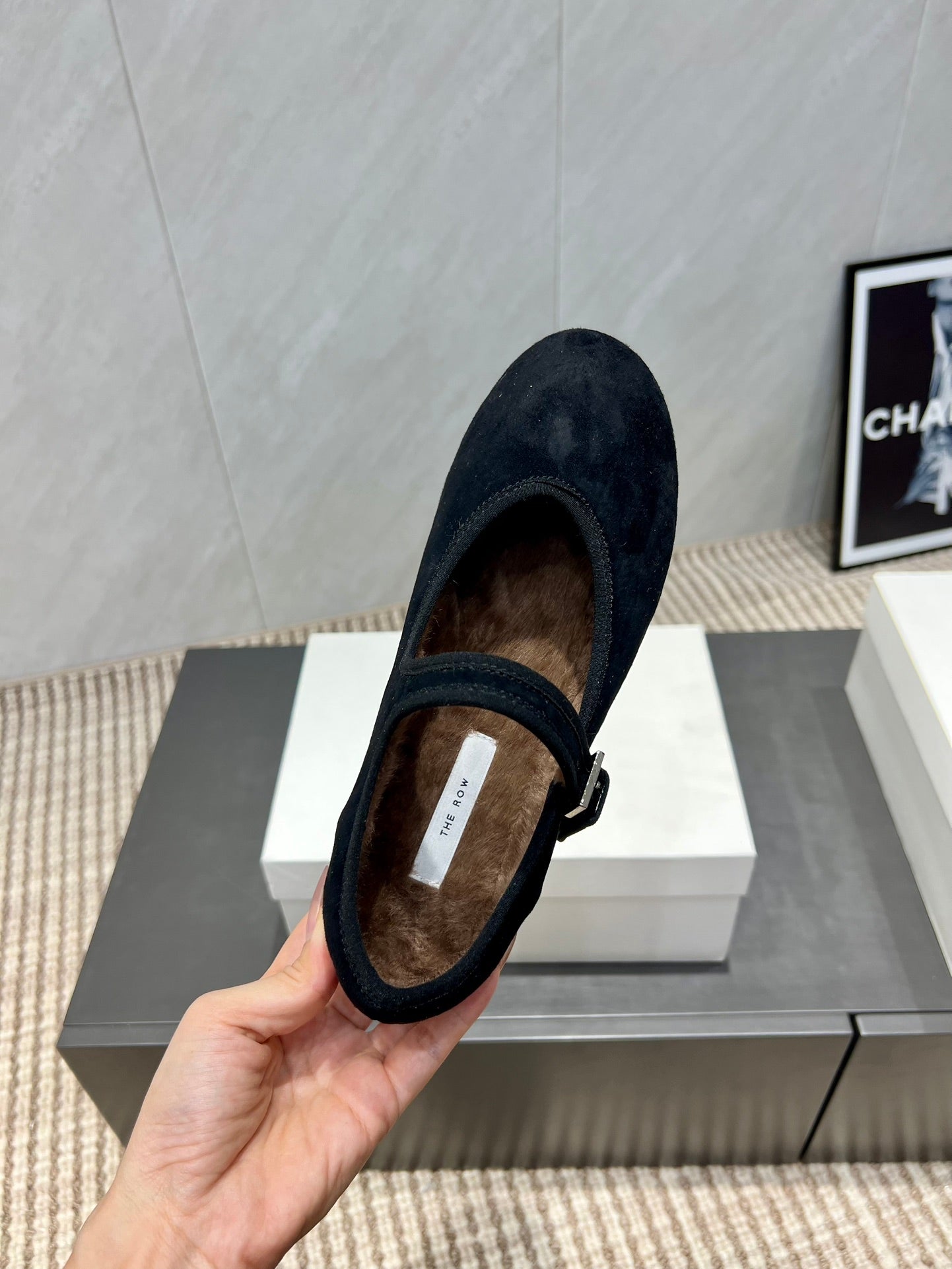 The Row 2025 Round Toe Ballet Flat Black Suede Fleece 540488