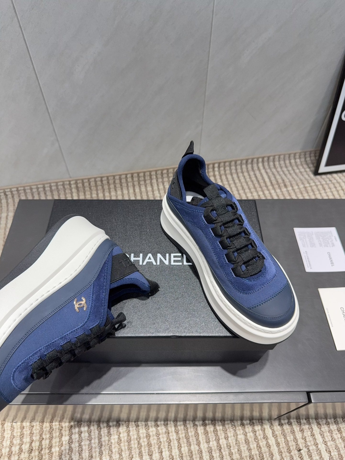 Chanel 25 Sneaker Blue White Black Suede Sheepskin 540286