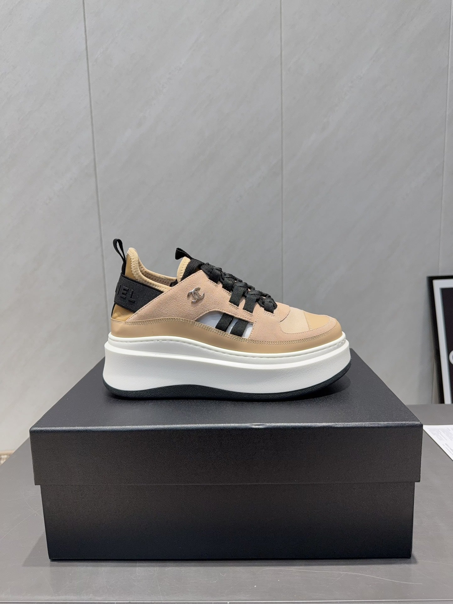 Chanel 25 Sneaker Beige Black White Suede 540307