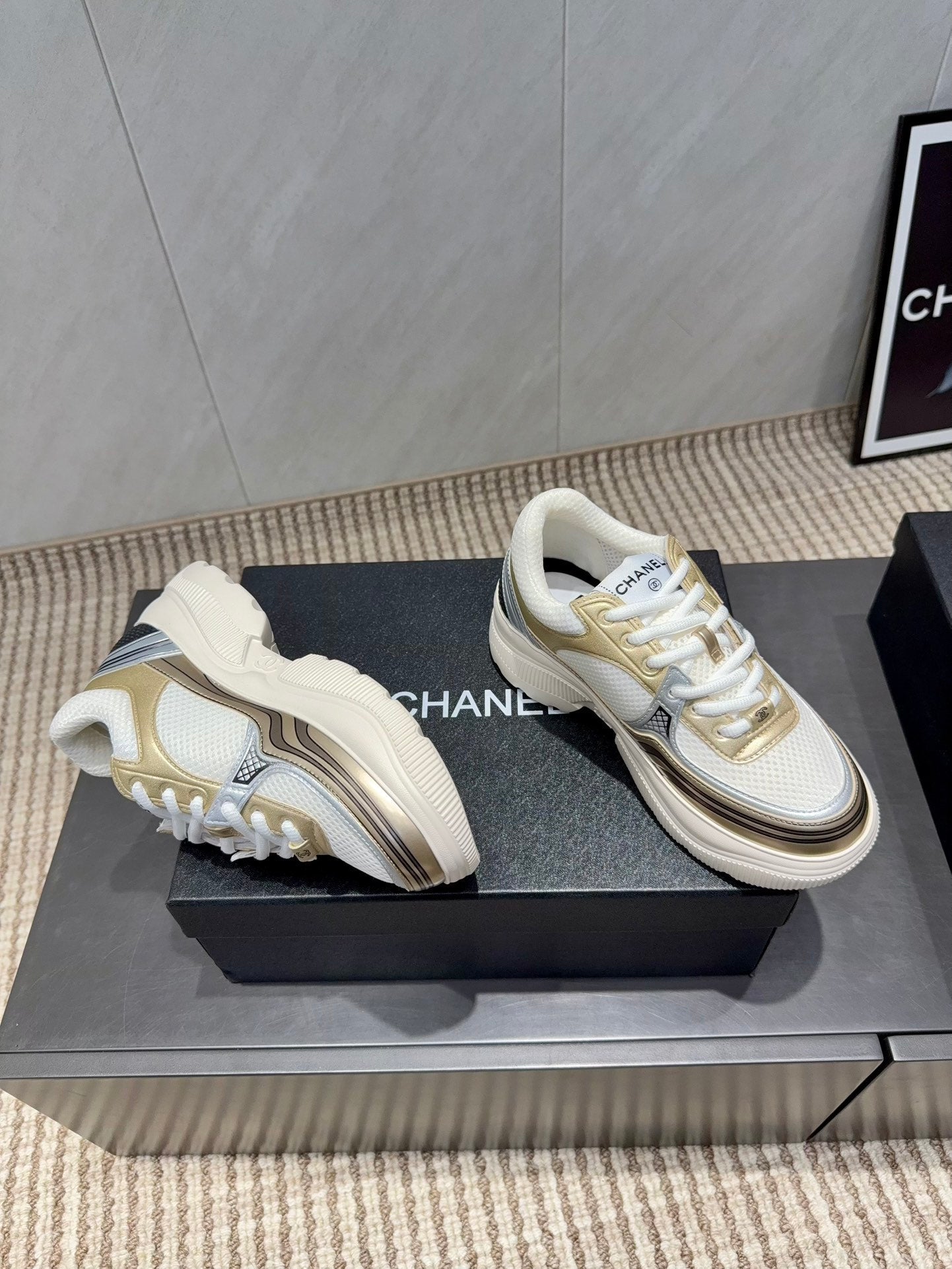 Chanel 25 Sneaker White Gold Mesh Leather 540309