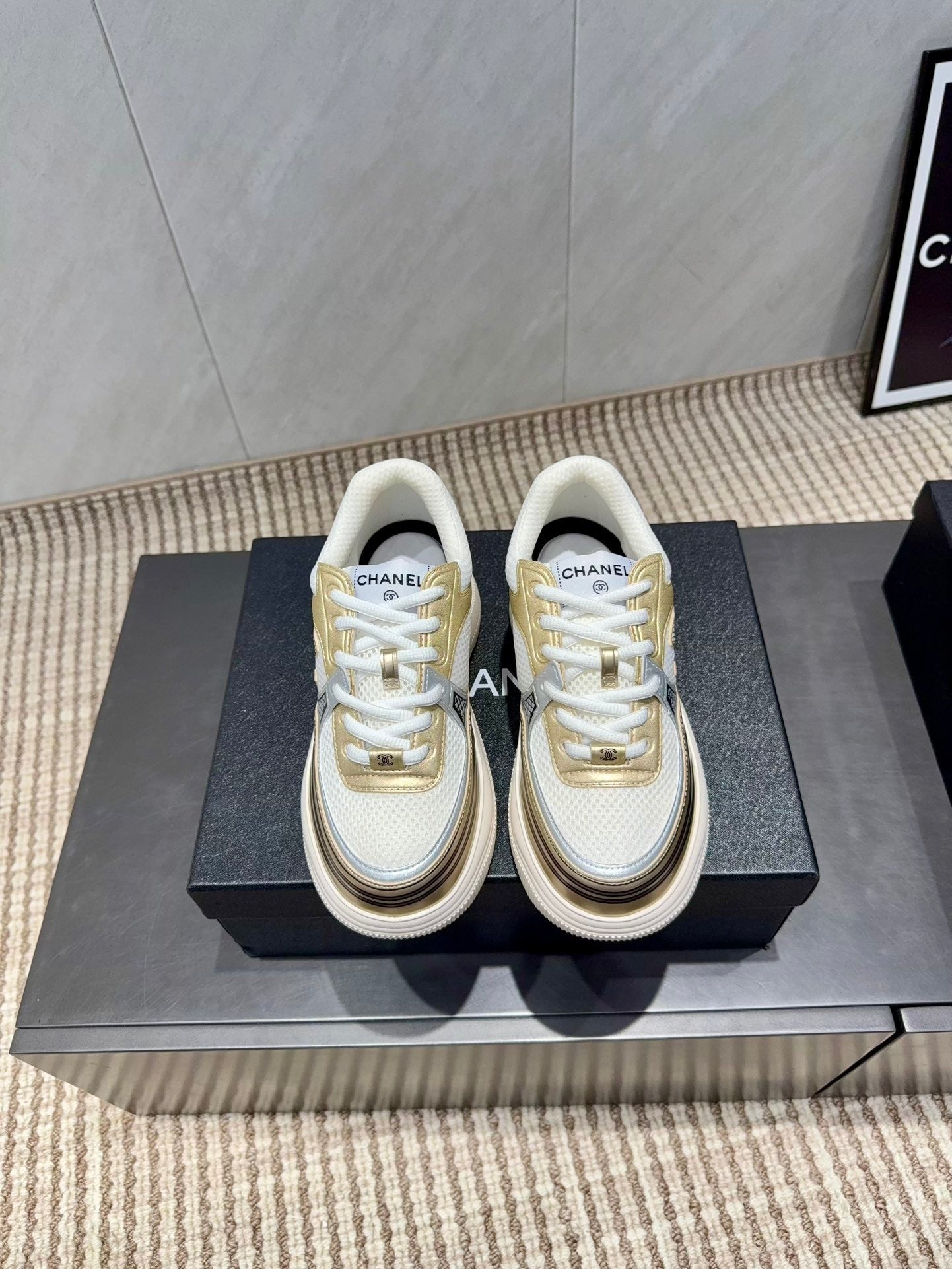 Chanel 25 Sneaker White Gold Mesh Leather 540309