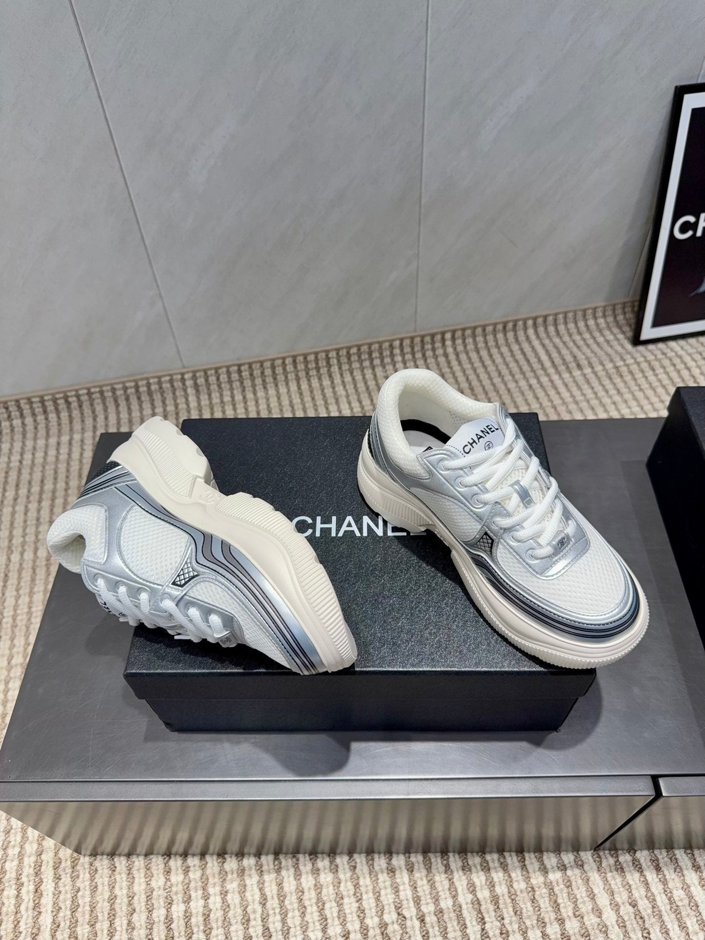 Chanel 25 Sneaker White Blue Silver Mesh Leather 540310