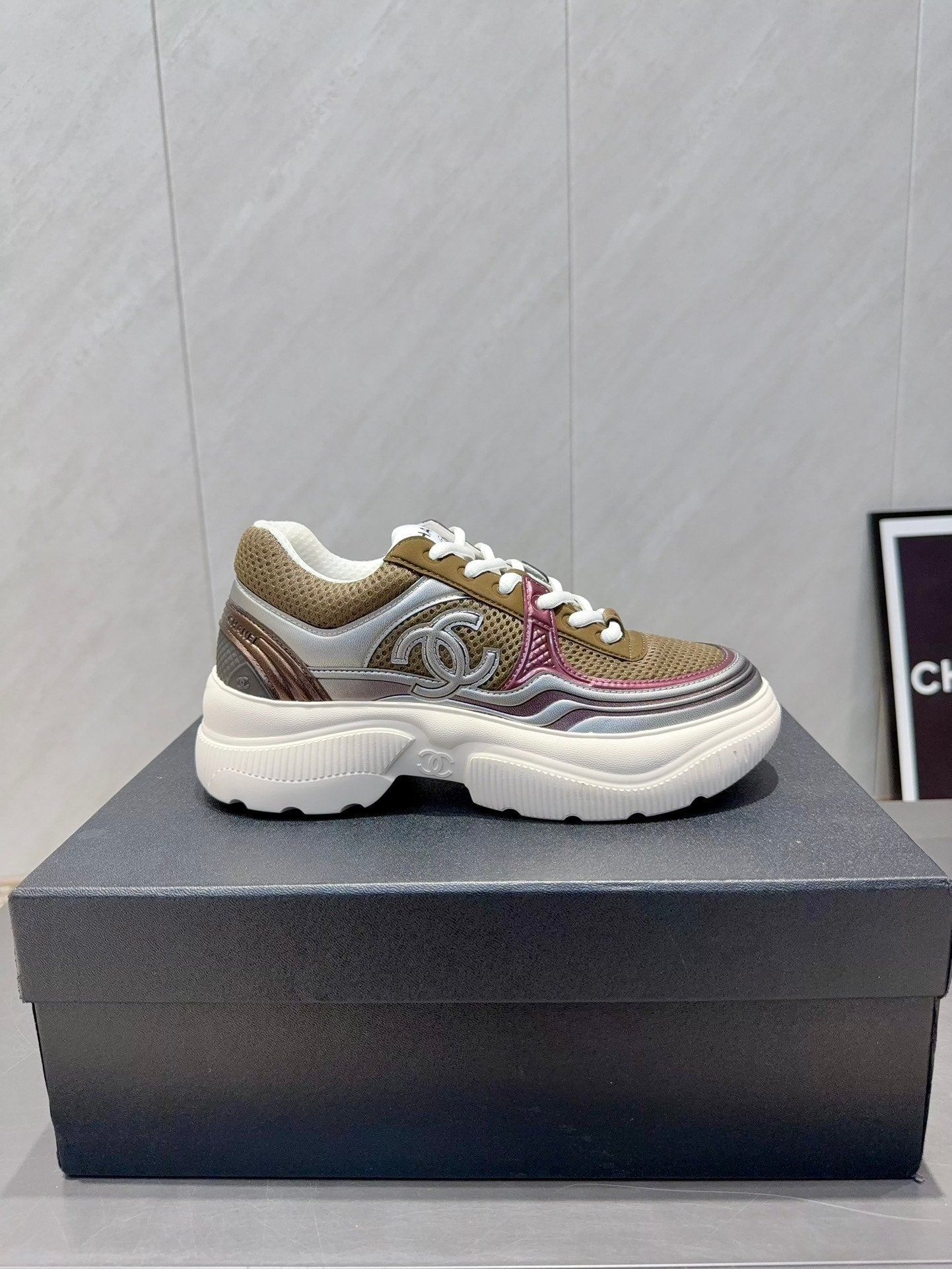 Chanel 25 Sneaker White Brown Silver Mesh Leather 540314