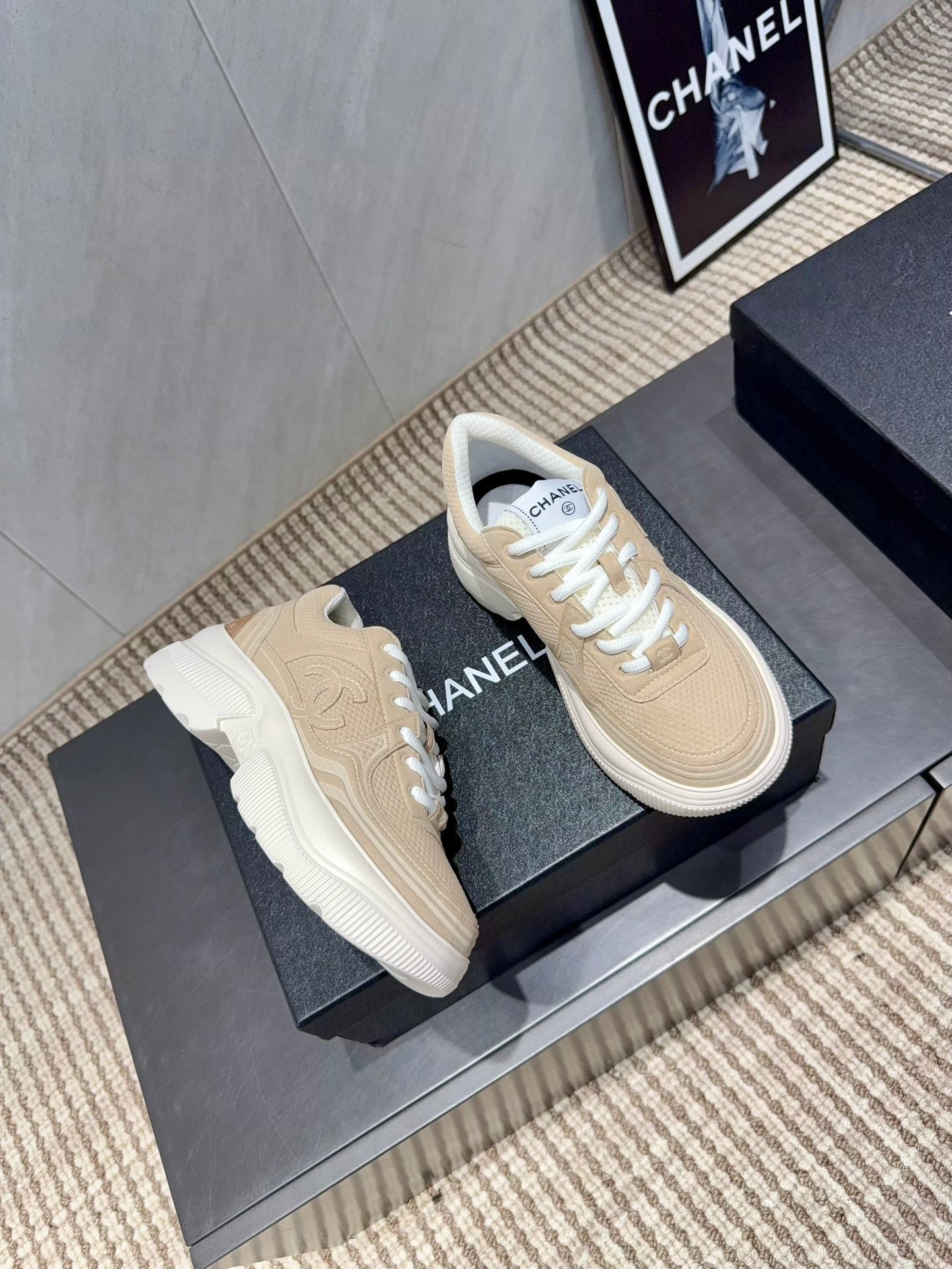 Chanel 25 Sneaker Light Brown White Mesh Fabric 540318