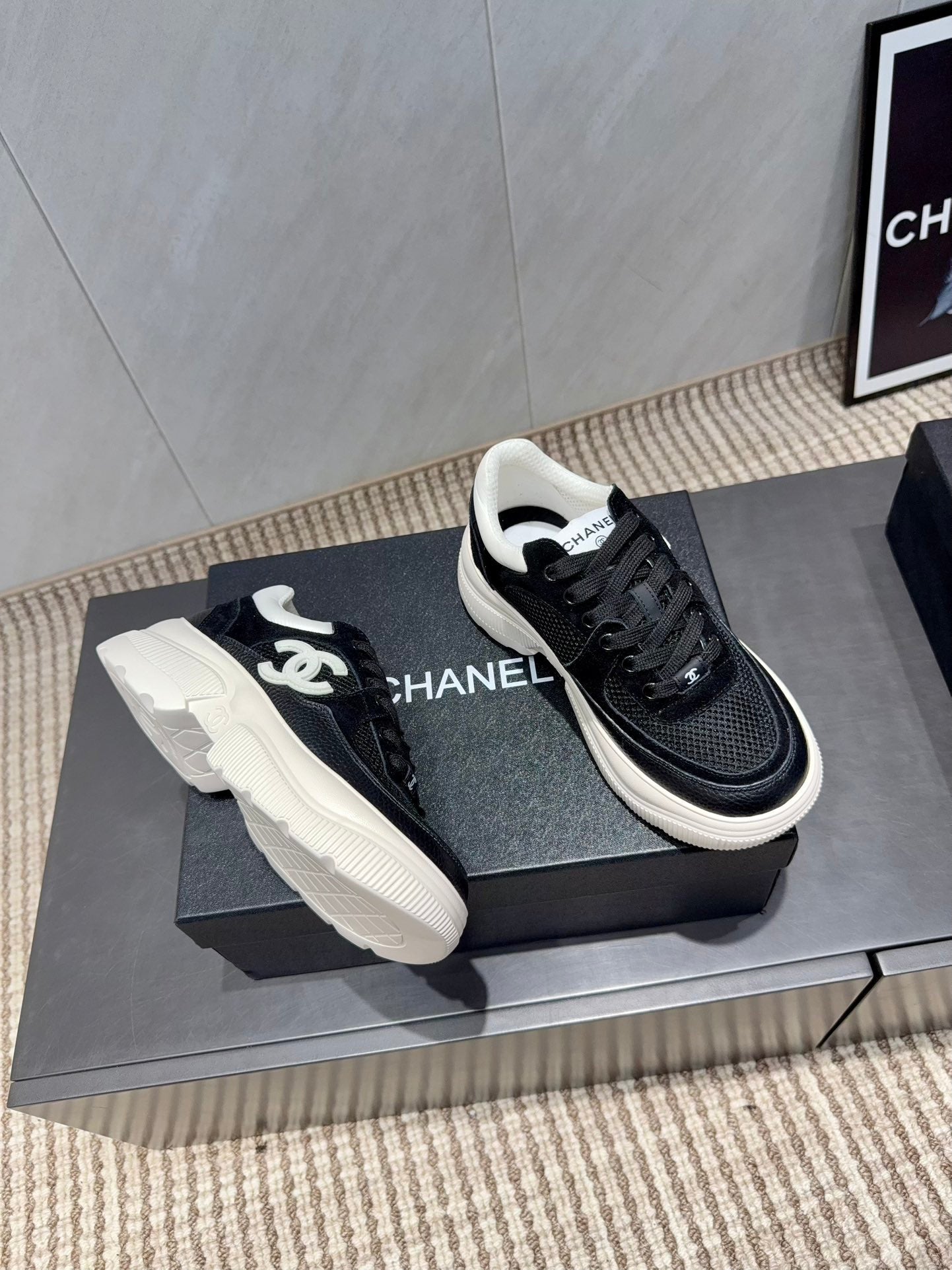 Chanel 25 Sneaker Black White Mesh Fabric 540320