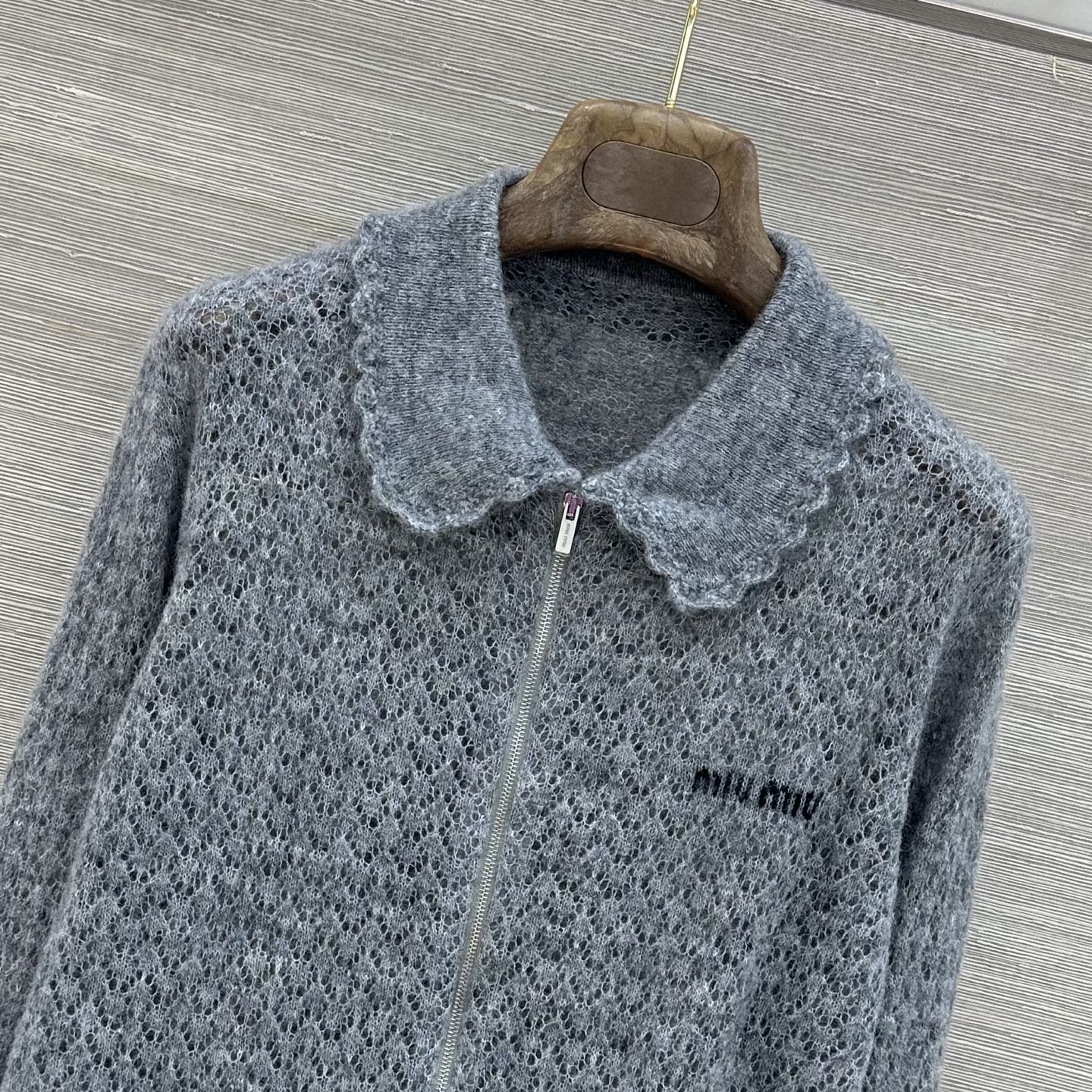 Miumiu 2026 Lace-trimmed Collared Knit Cardigan Grey Wool 837496
