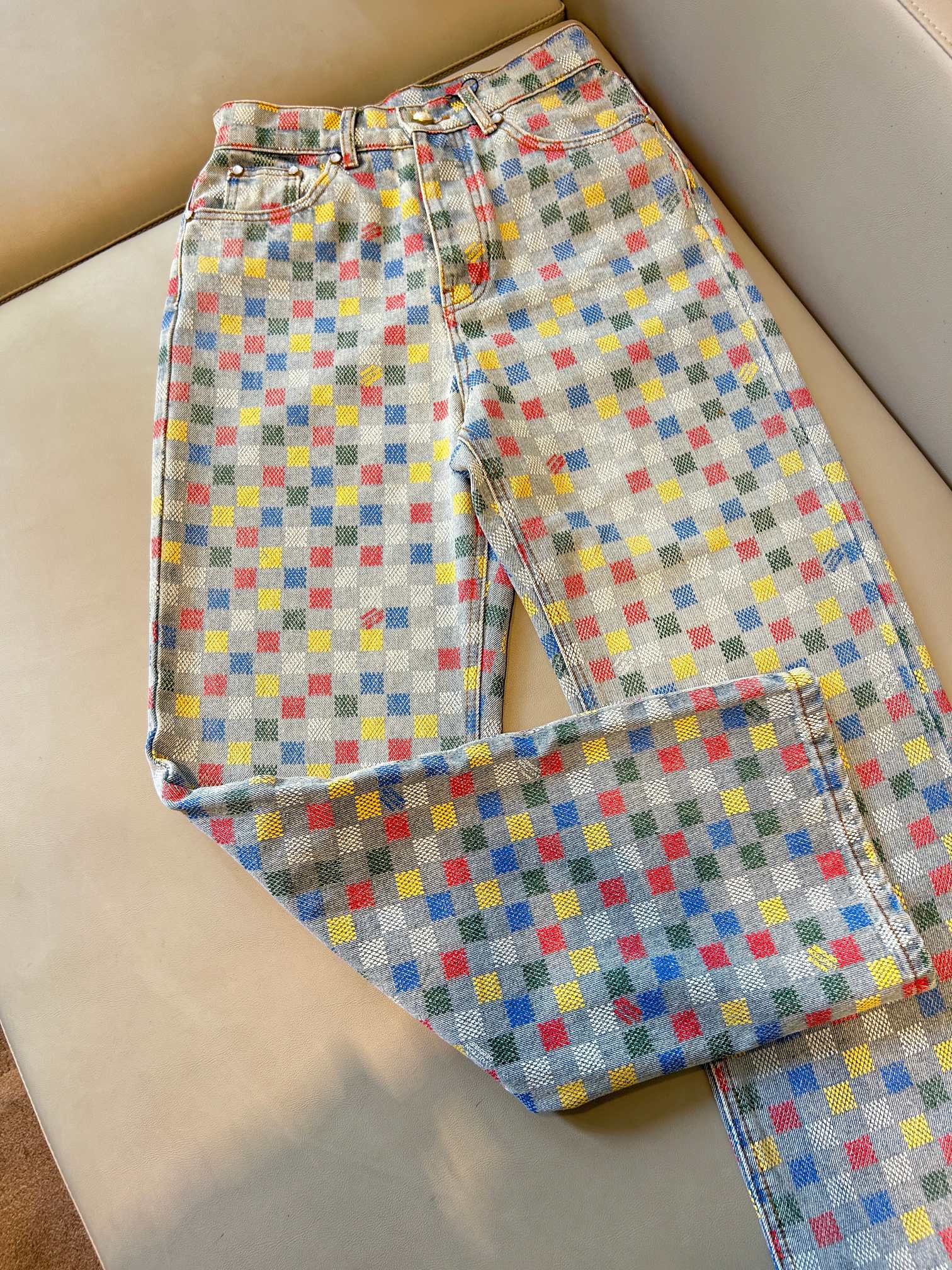 LV Checkerboard Design Jeans Multicolor Cotton