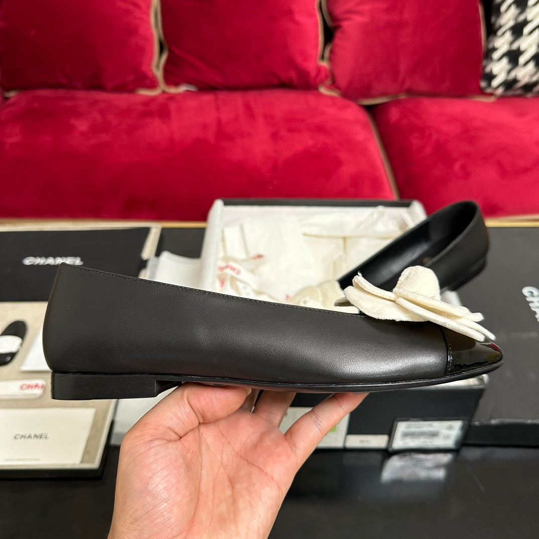 ballet flat white flower black calfskin