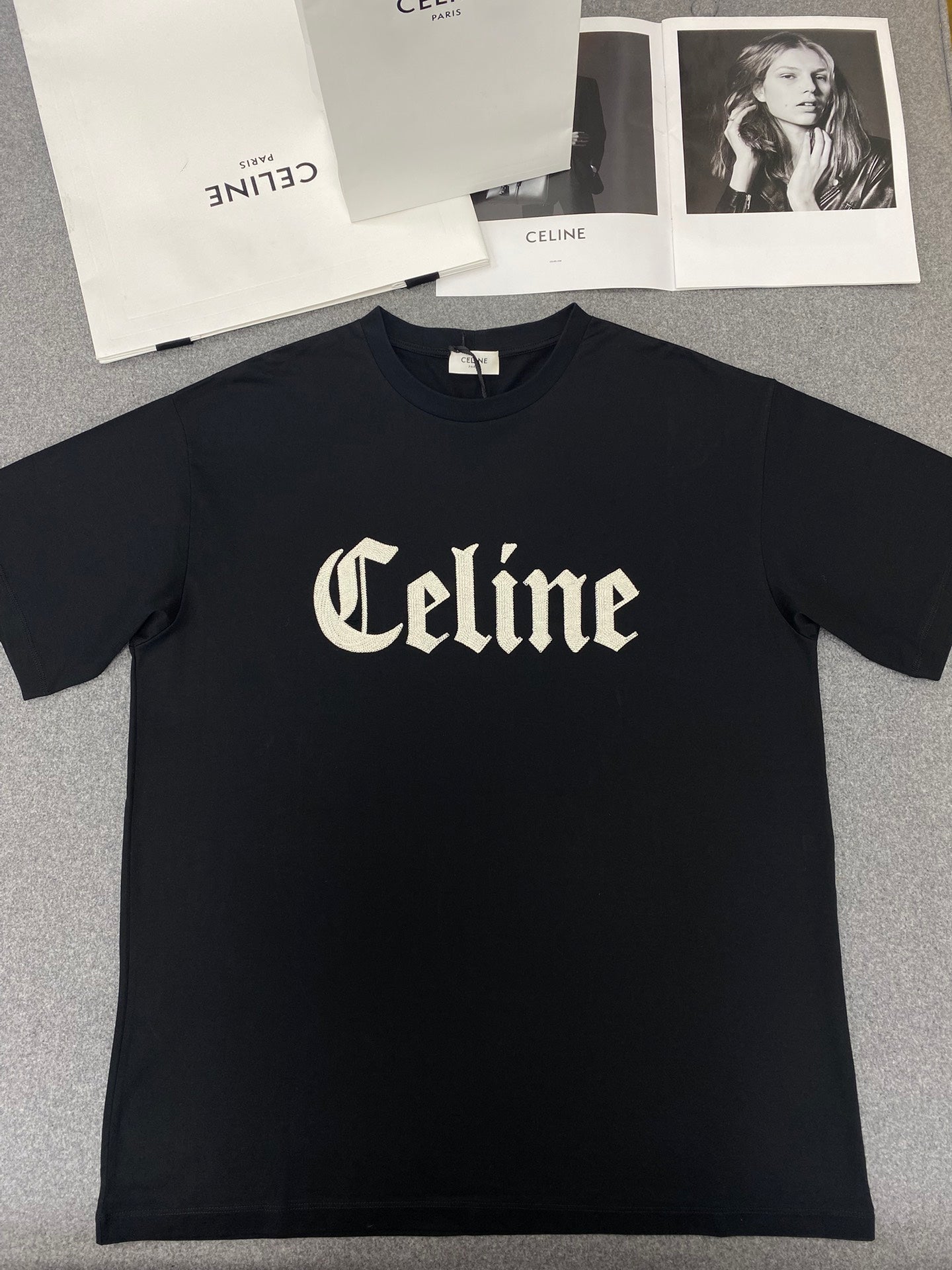 Celine Gothic Embroidered Plain Loose T-shirt Black Cotton