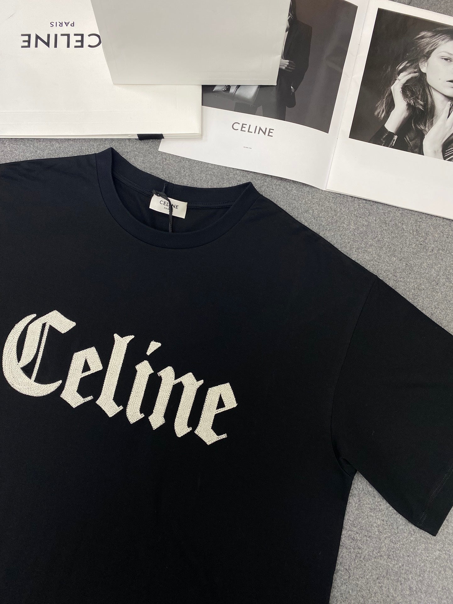 Celine Gothic Embroidered Plain Loose T-shirt Black Cotton