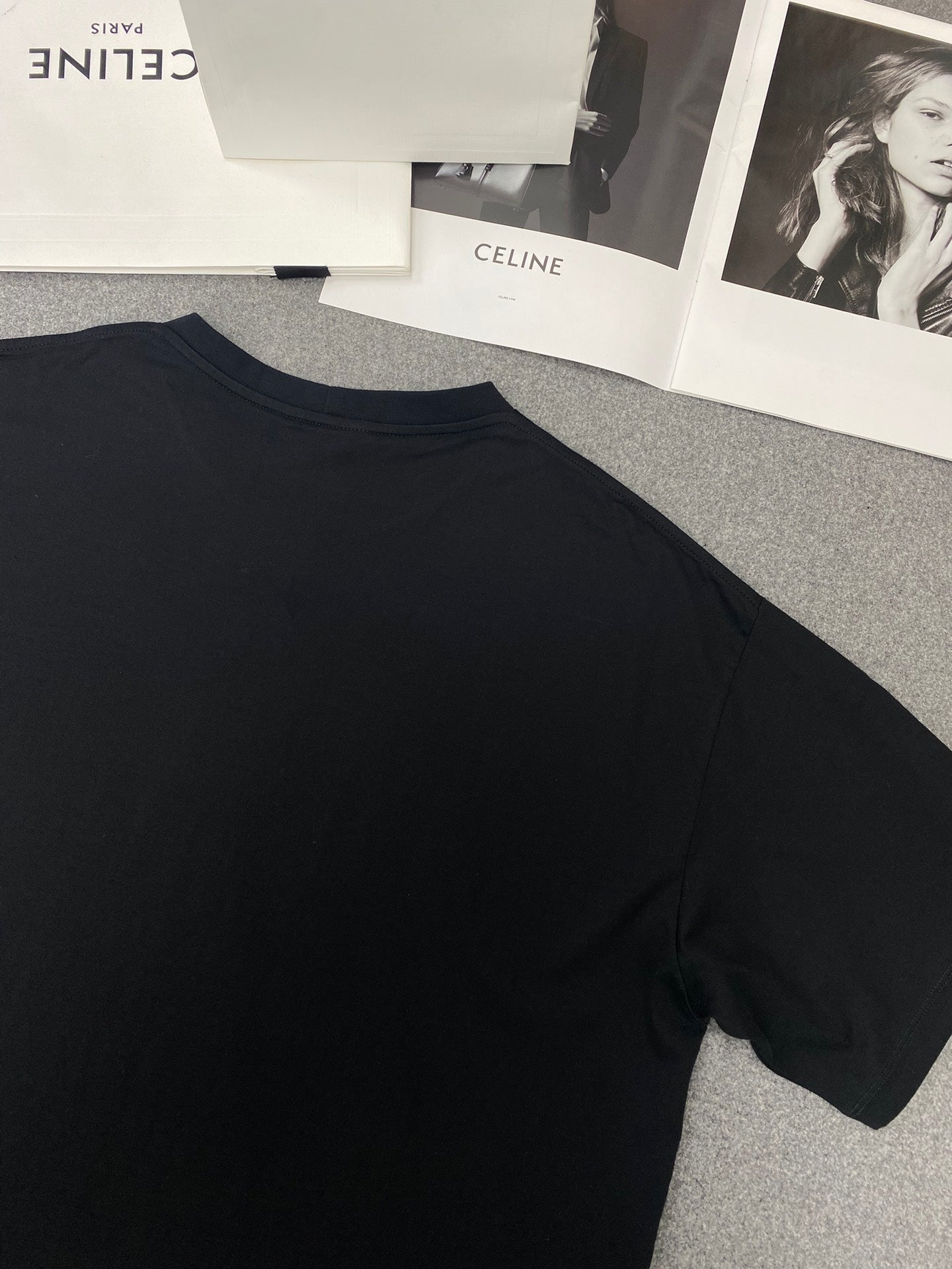 Celine Gothic Embroidered Plain Loose T-shirt Black Cotton