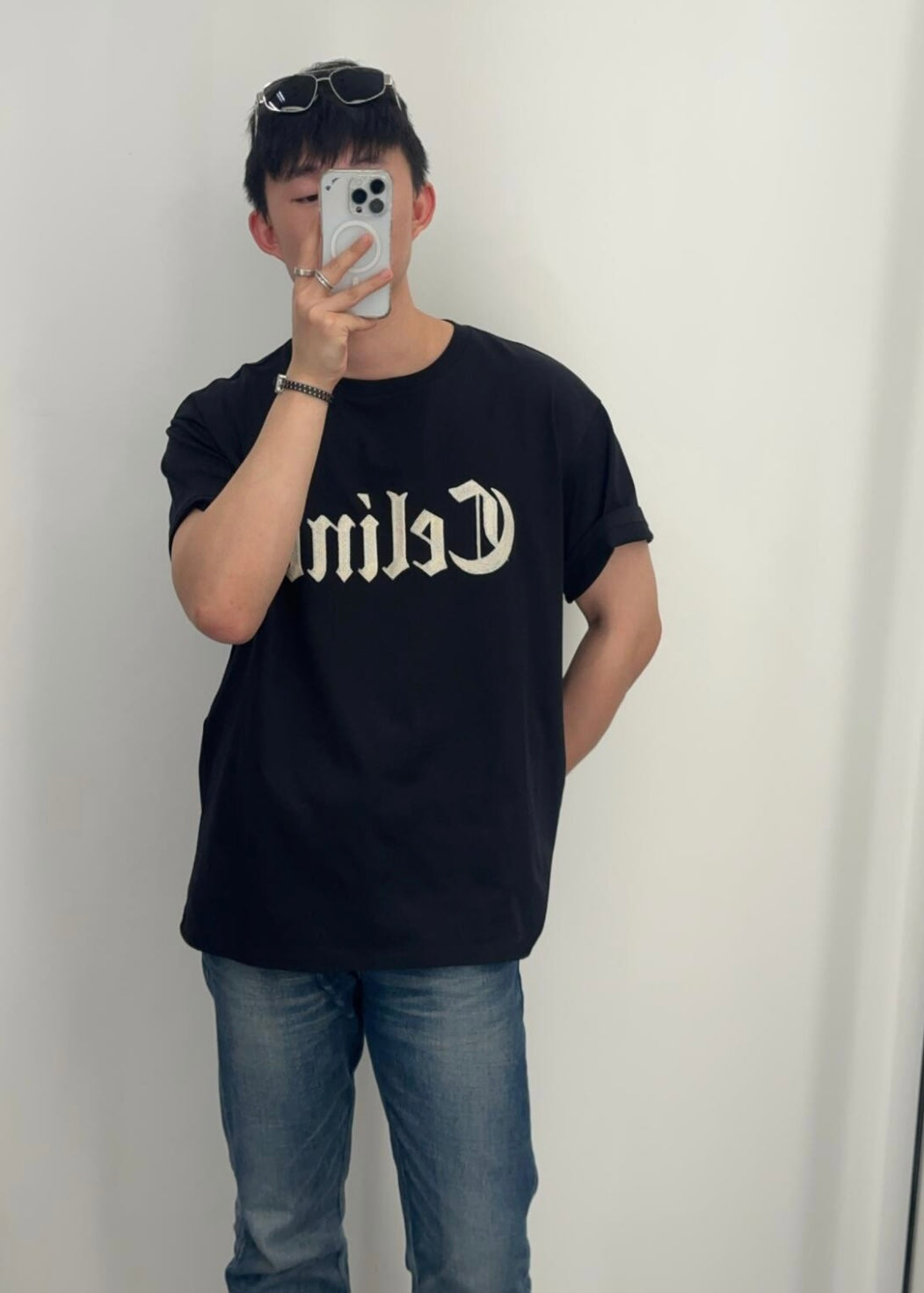 Celine Gothic Embroidered Plain Loose T-shirt Black Cotton