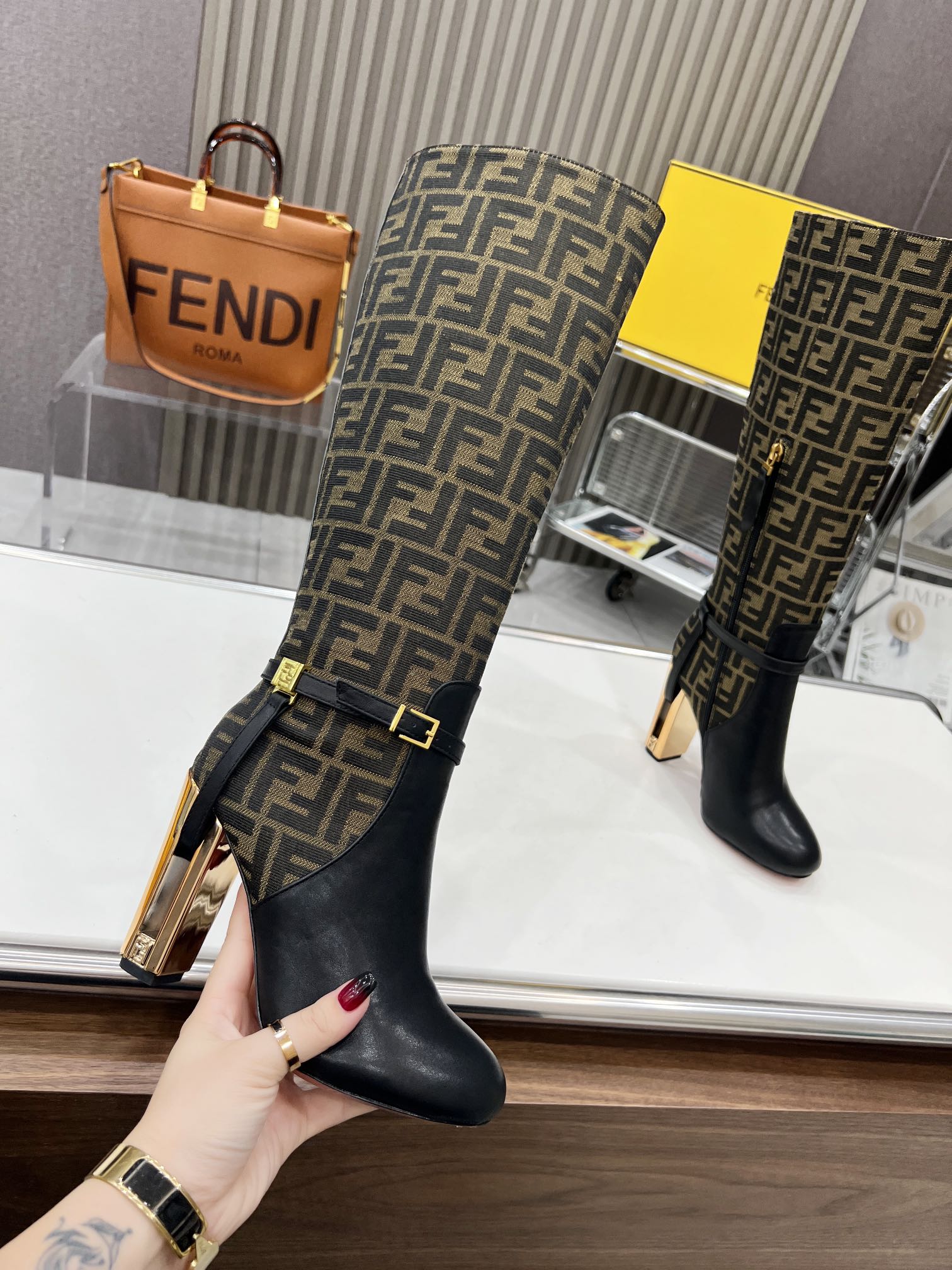 FENDI knee boots high heel monogram black cowhide 521216