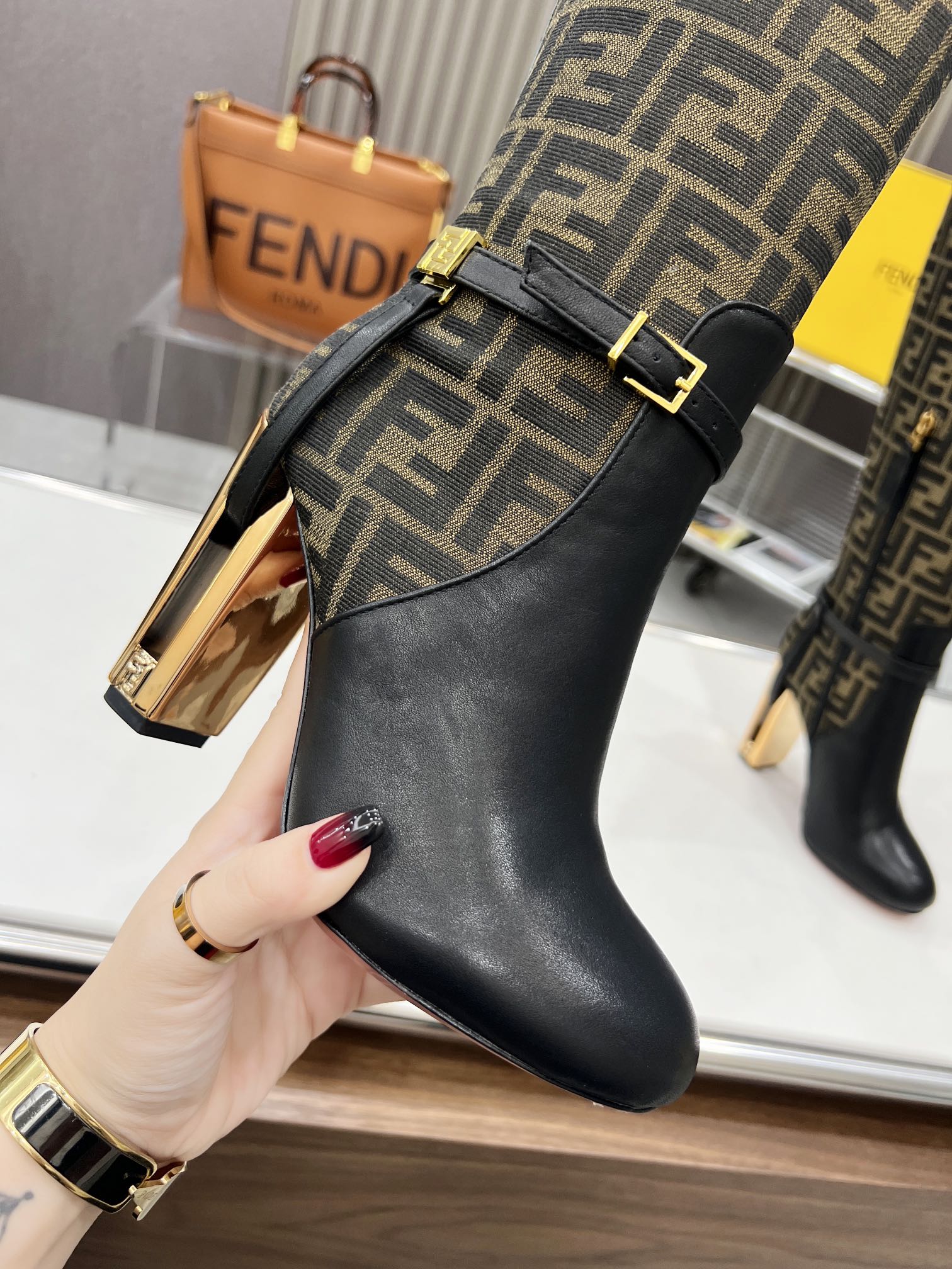 FENDI knee boots high heel monogram black cowhide 521216