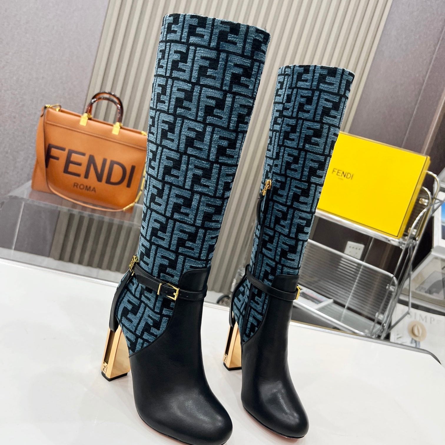 FENDI knee boots high heel monogram blue black cowhide 521217