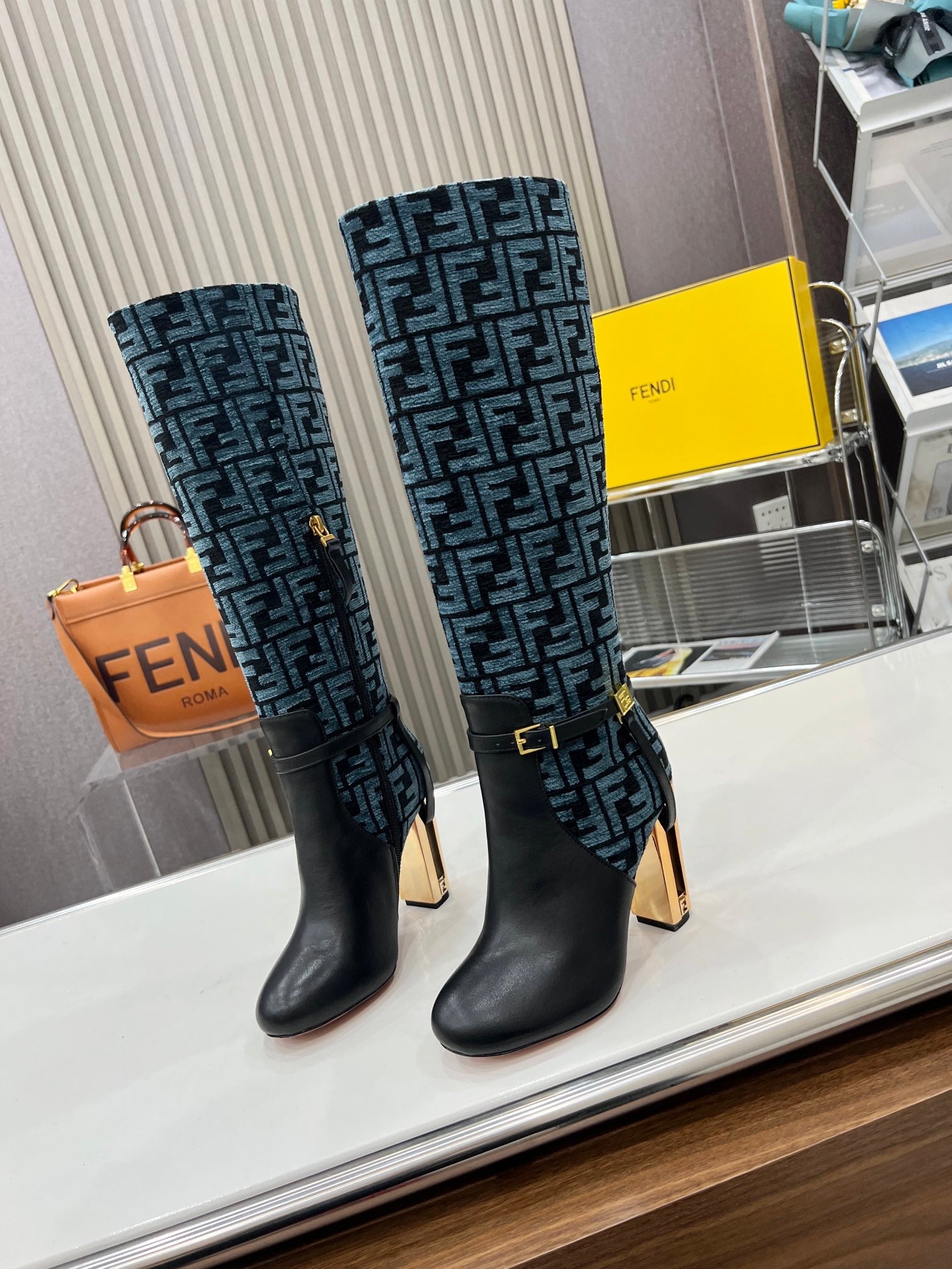 FENDI knee boots high heel monogram blue black cowhide 521217