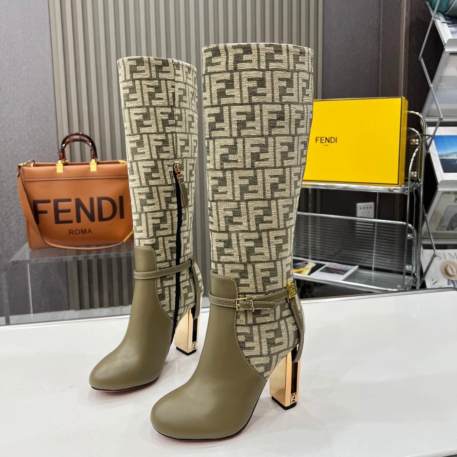 FENDI knee boots high heel monogram olive cowhide 521219