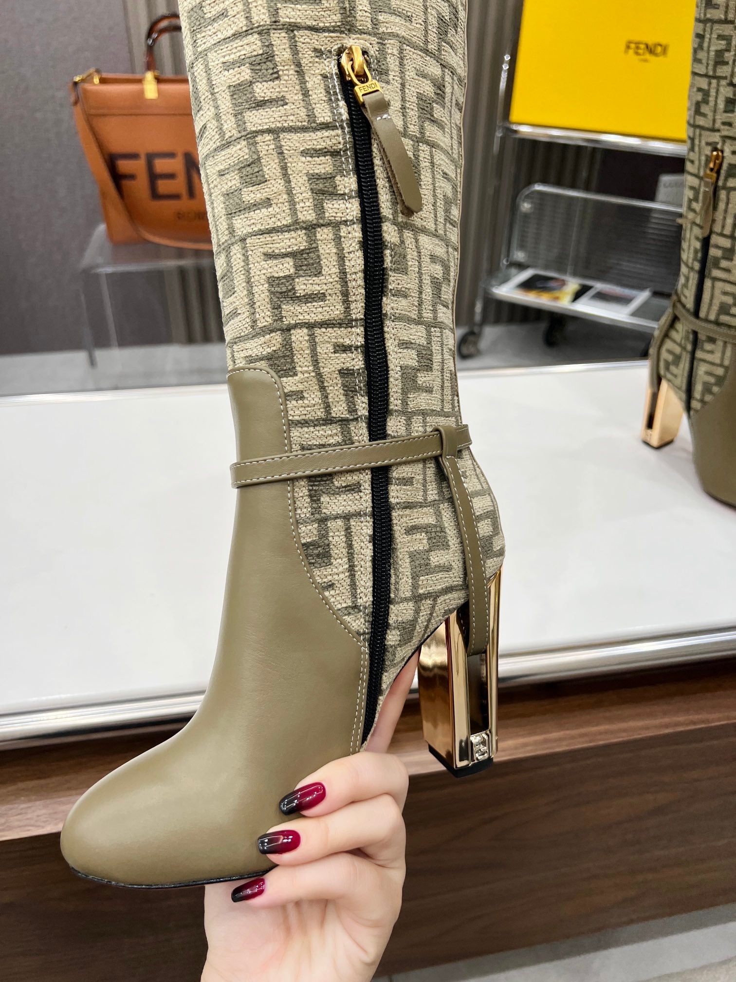 FENDI knee boots high heel monogram olive cowhide 521219