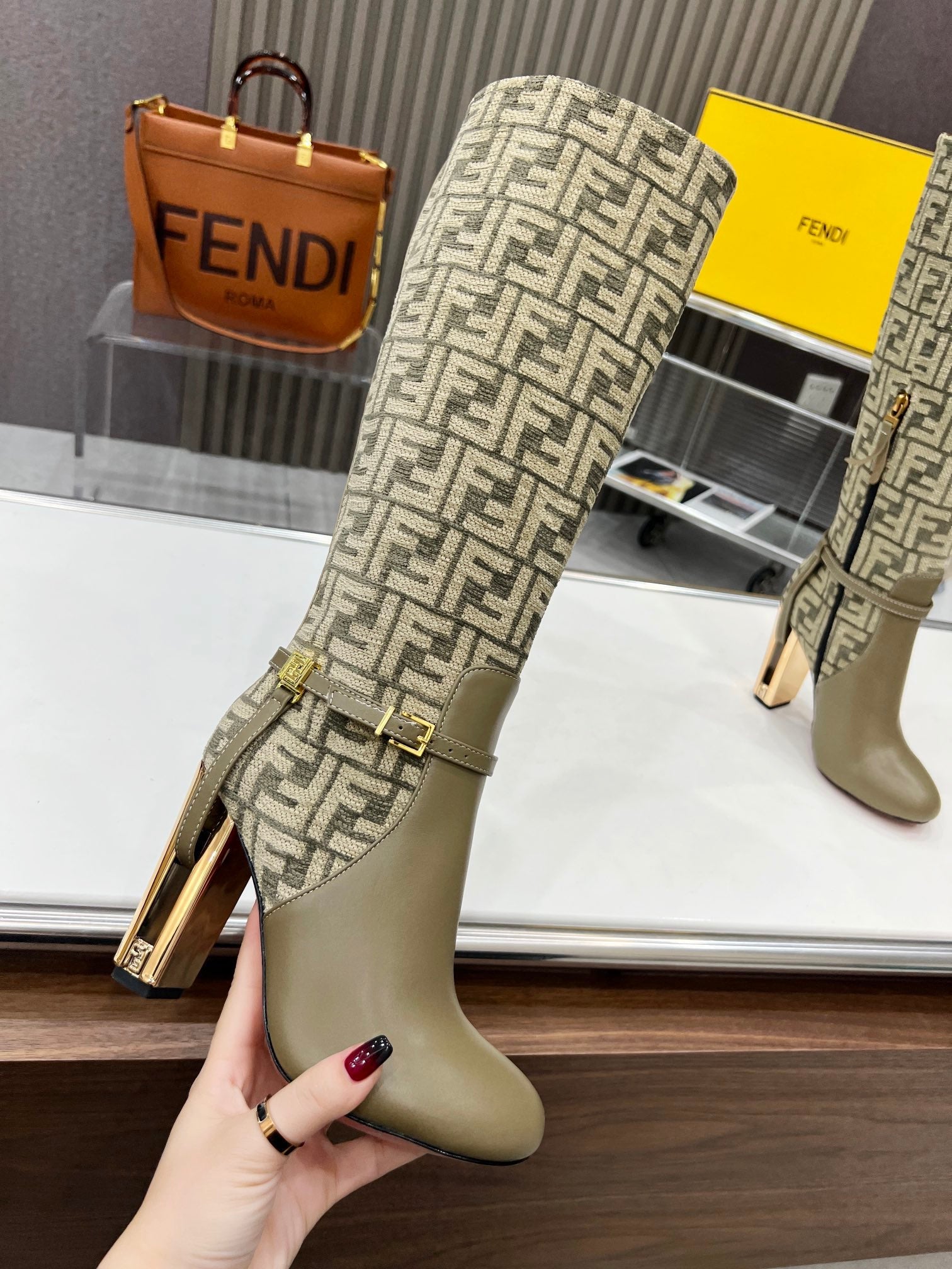 FENDI knee boots high heel monogram olive cowhide 521219