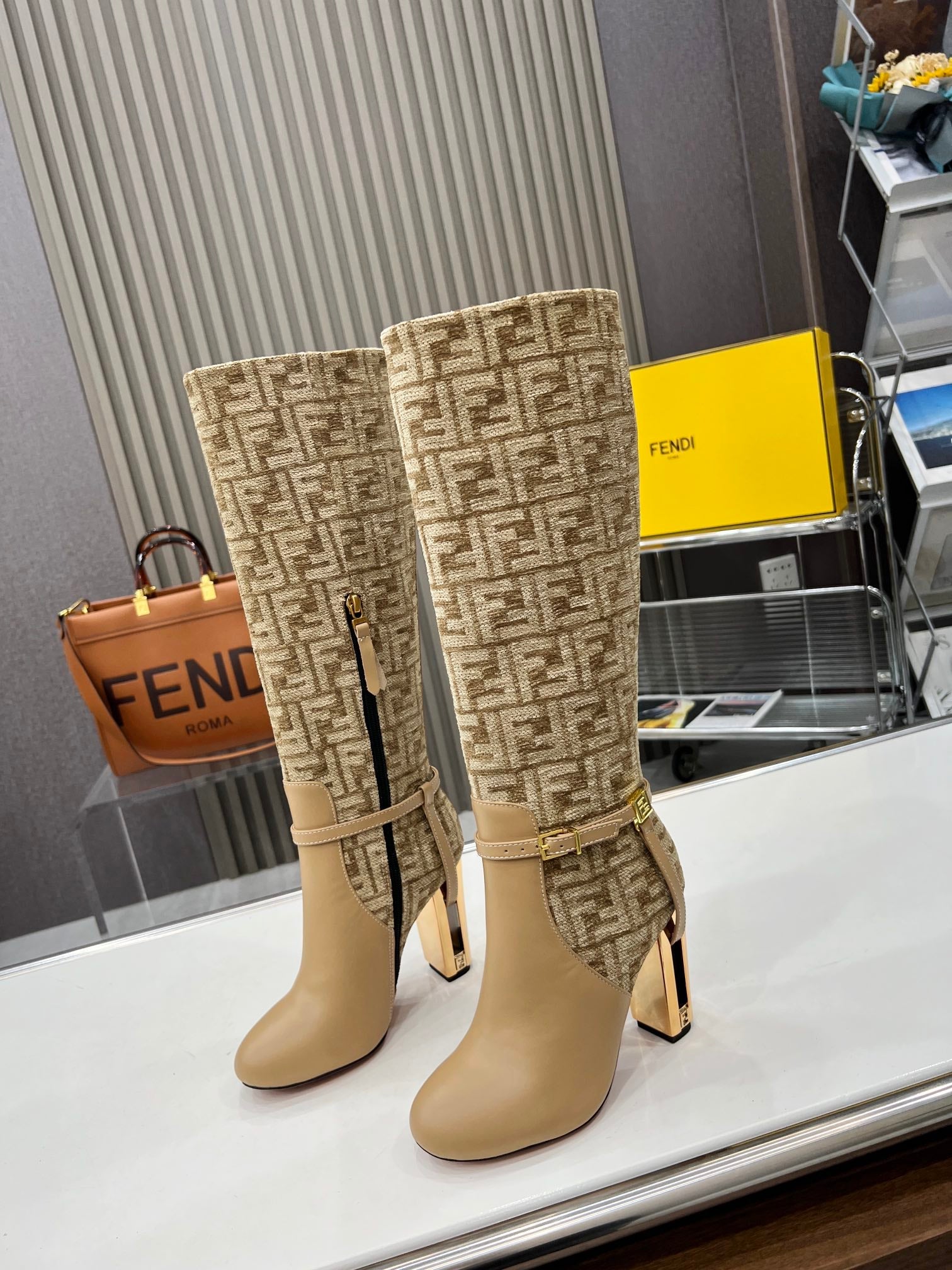 FENDI knee boots high heel monogram beige cowhide 521220