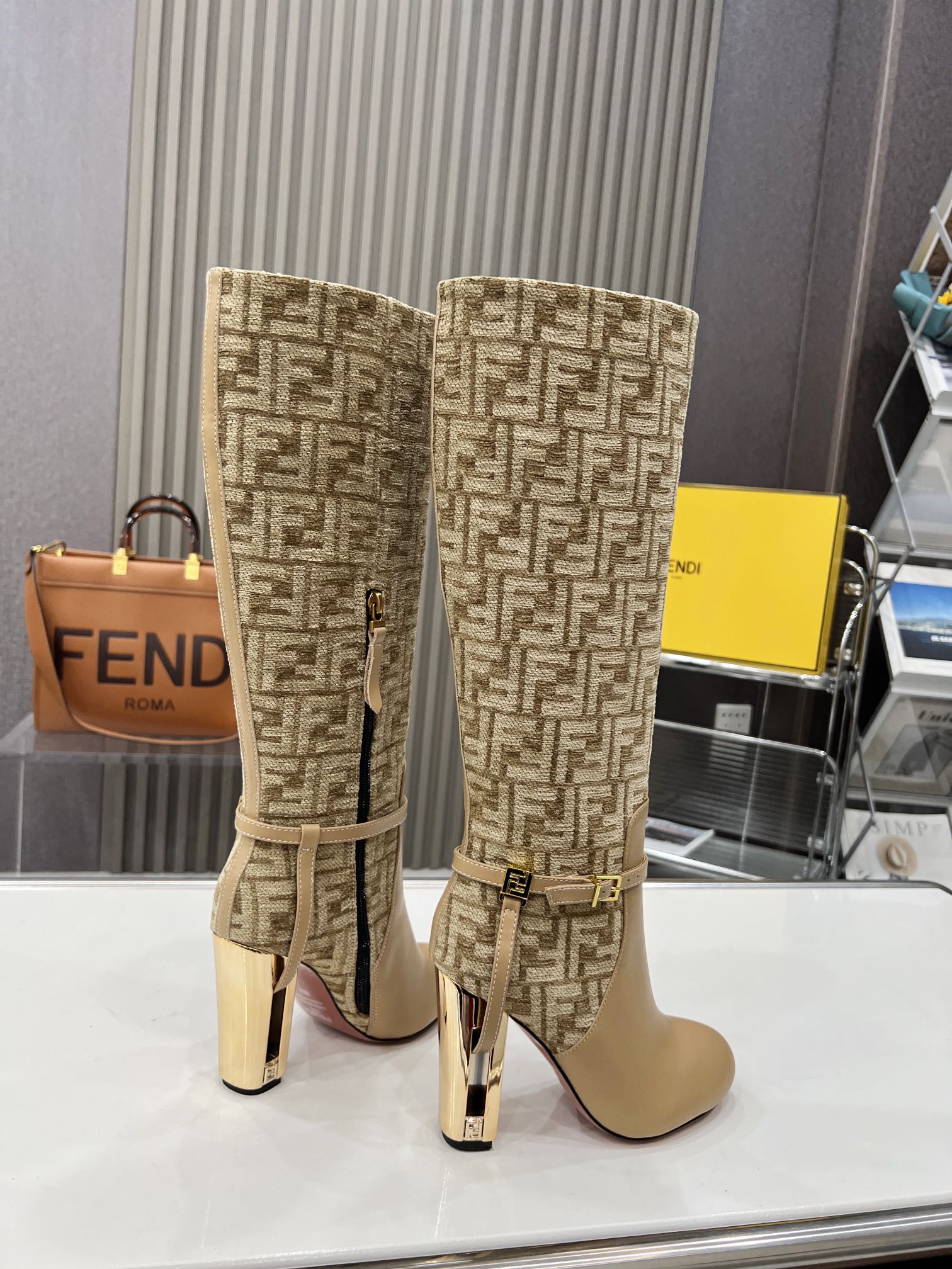 FENDI knee boots high heel monogram beige cowhide 521220