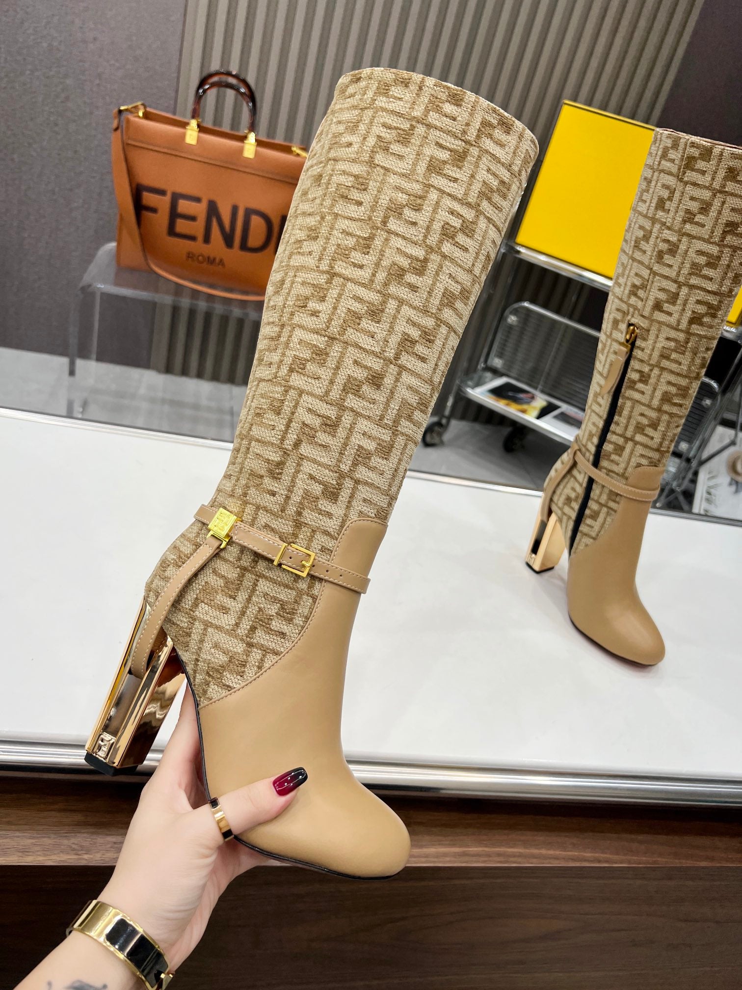 FENDI knee boots high heel monogram beige cowhide 521220