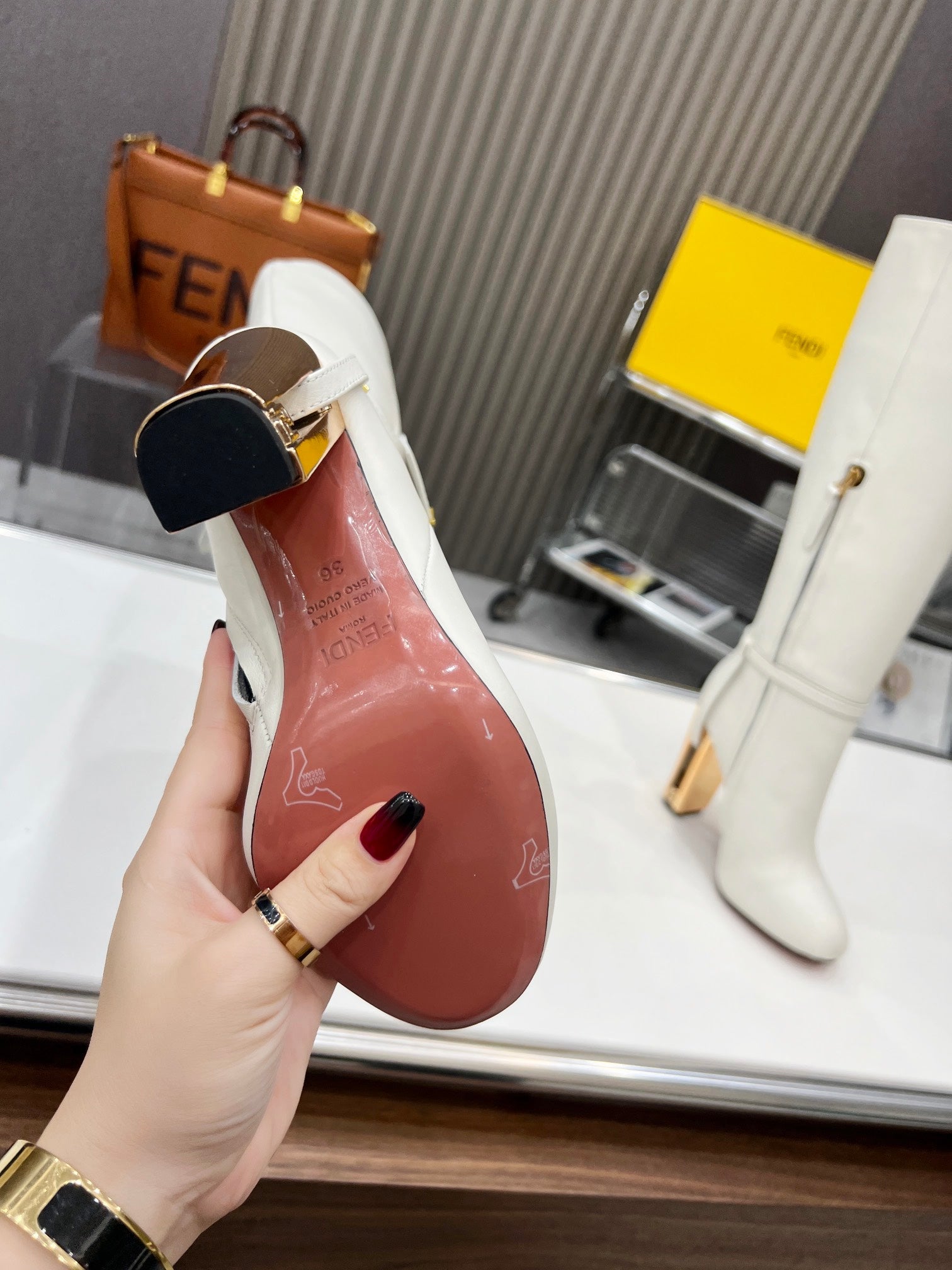 FENDI knee boots high heel white cowhide 521210