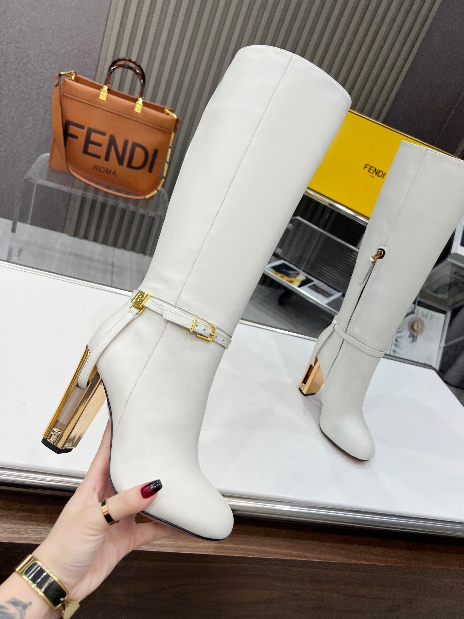 FENDI knee boots high heel white cowhide 521210