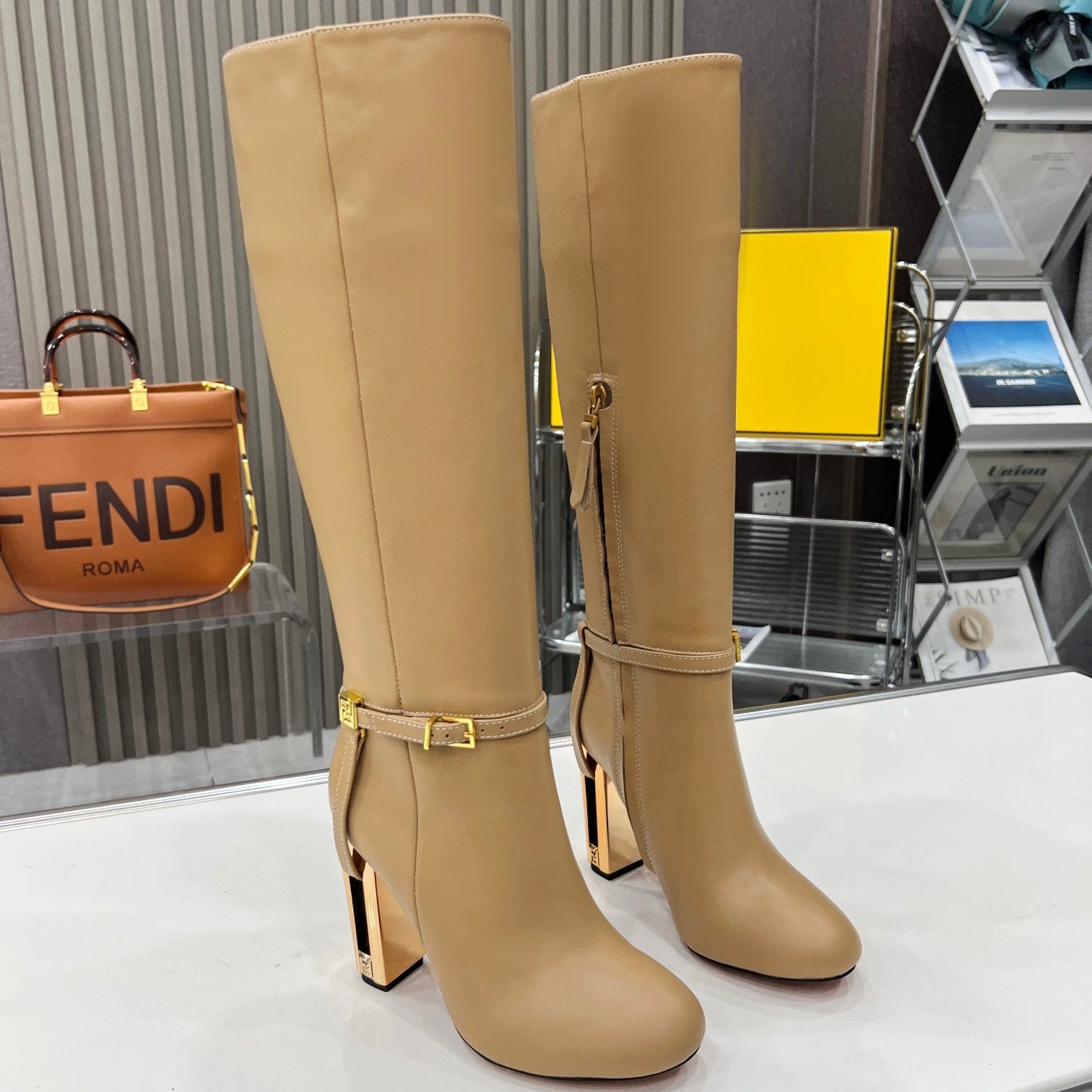 FENDI knee boots high heel beige cowhide 521211