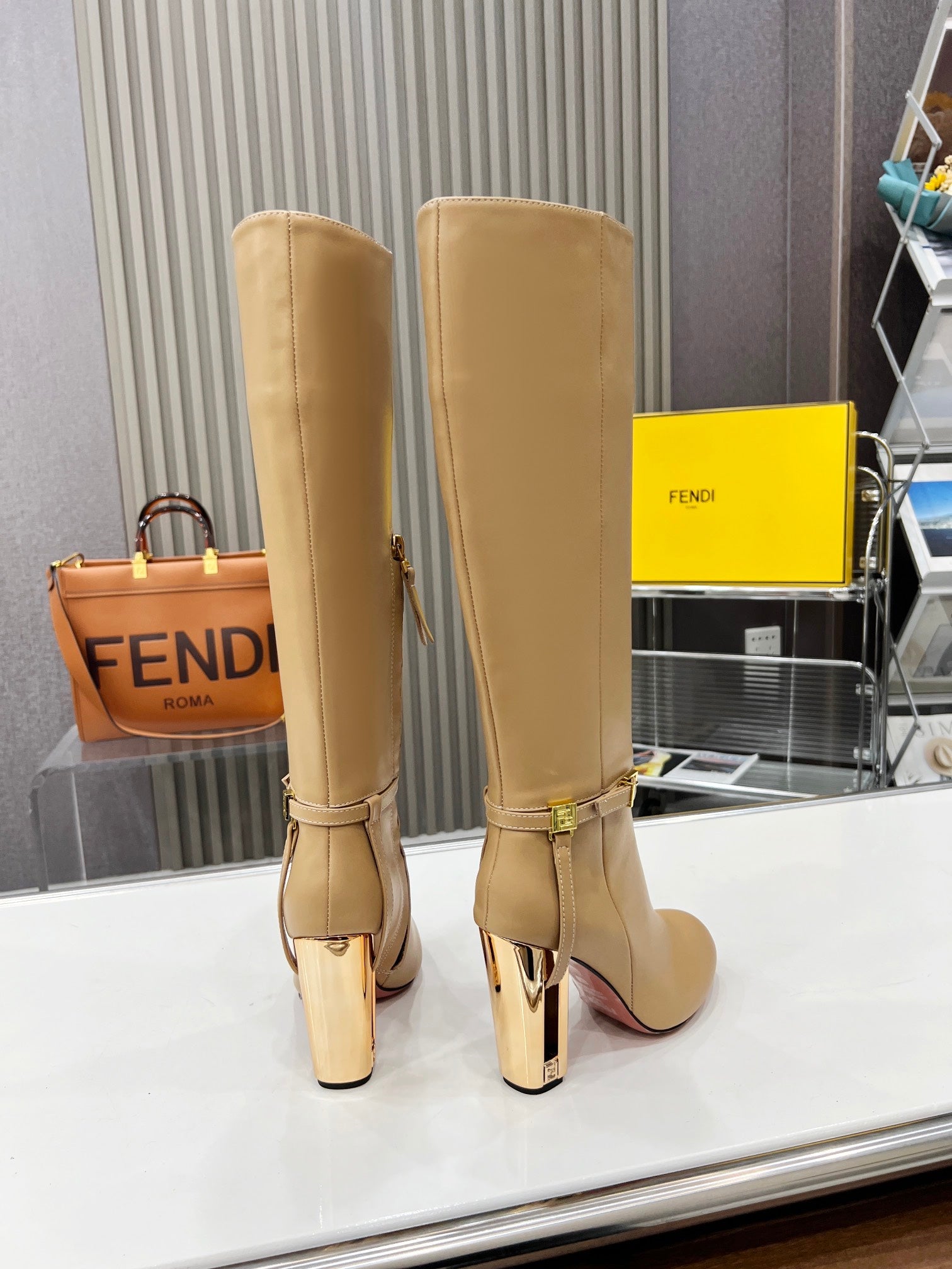 FENDI knee boots high heel beige cowhide 521211
