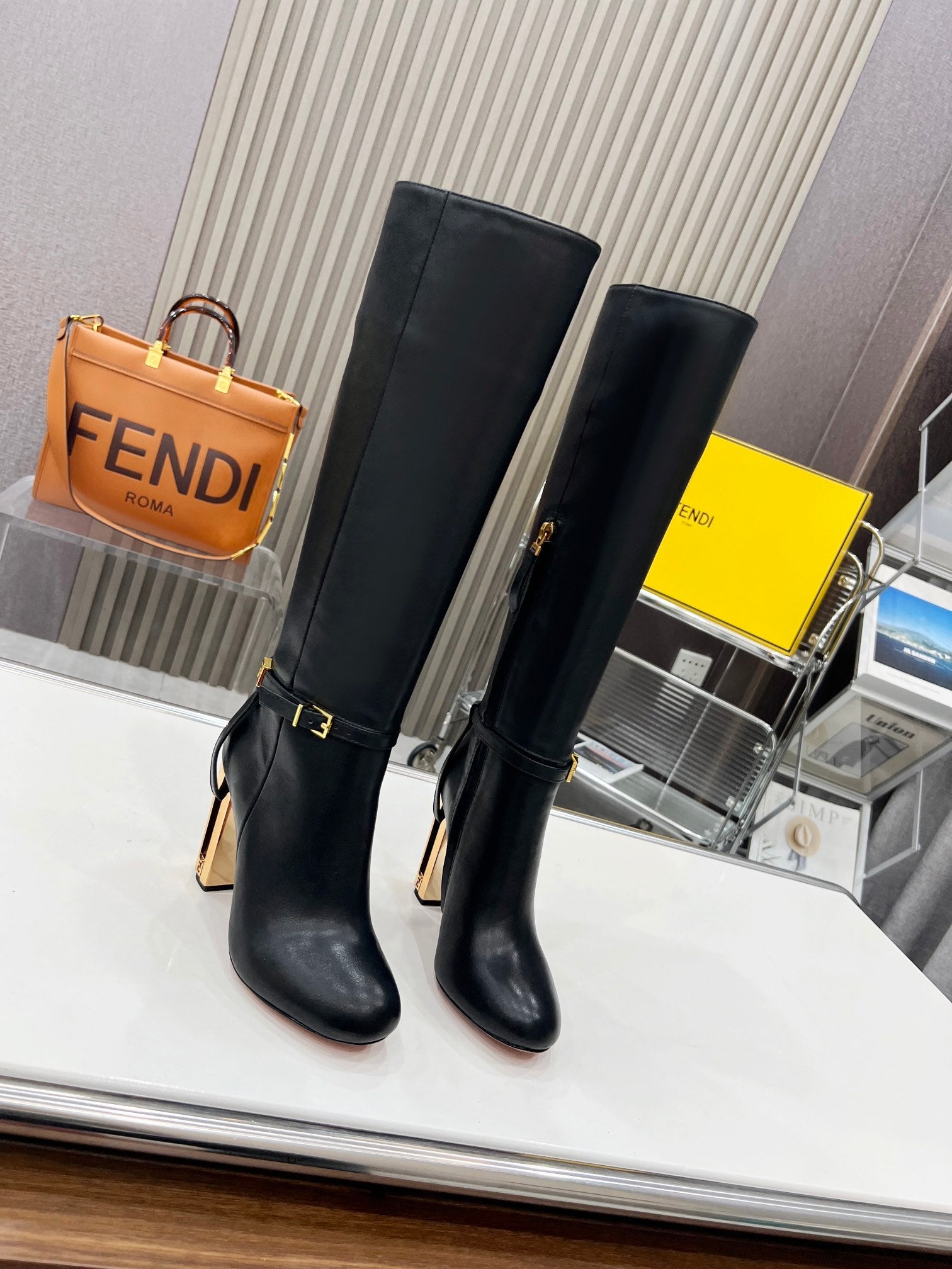 FENDI knee boots high heel black cowhide 521212
