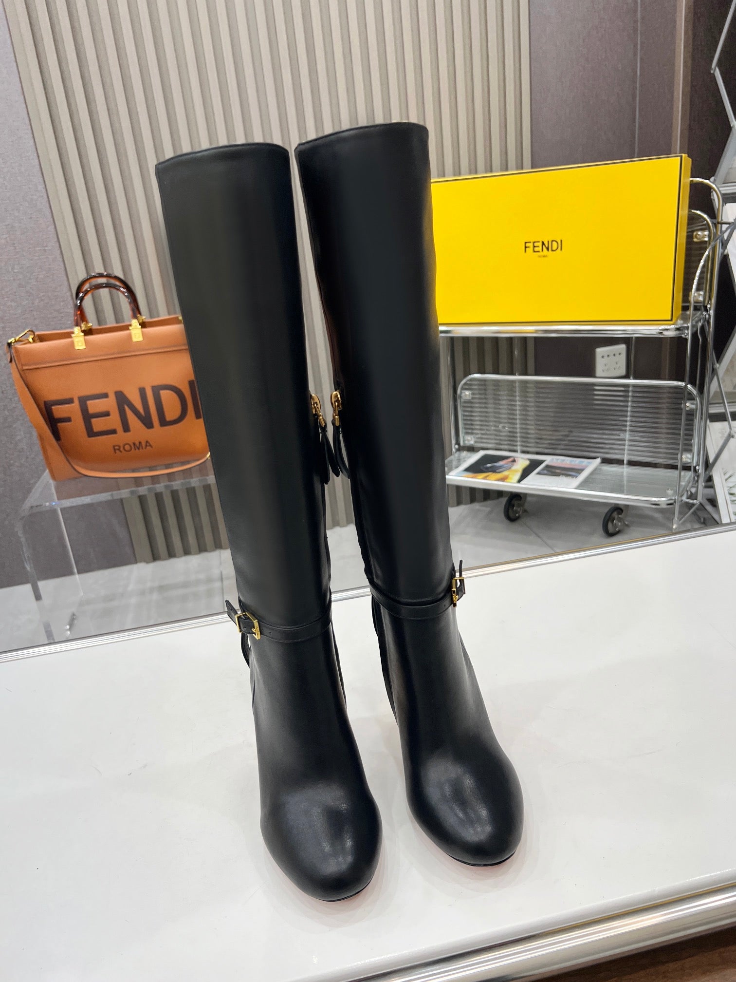 FENDI knee boots high heel black cowhide 521212