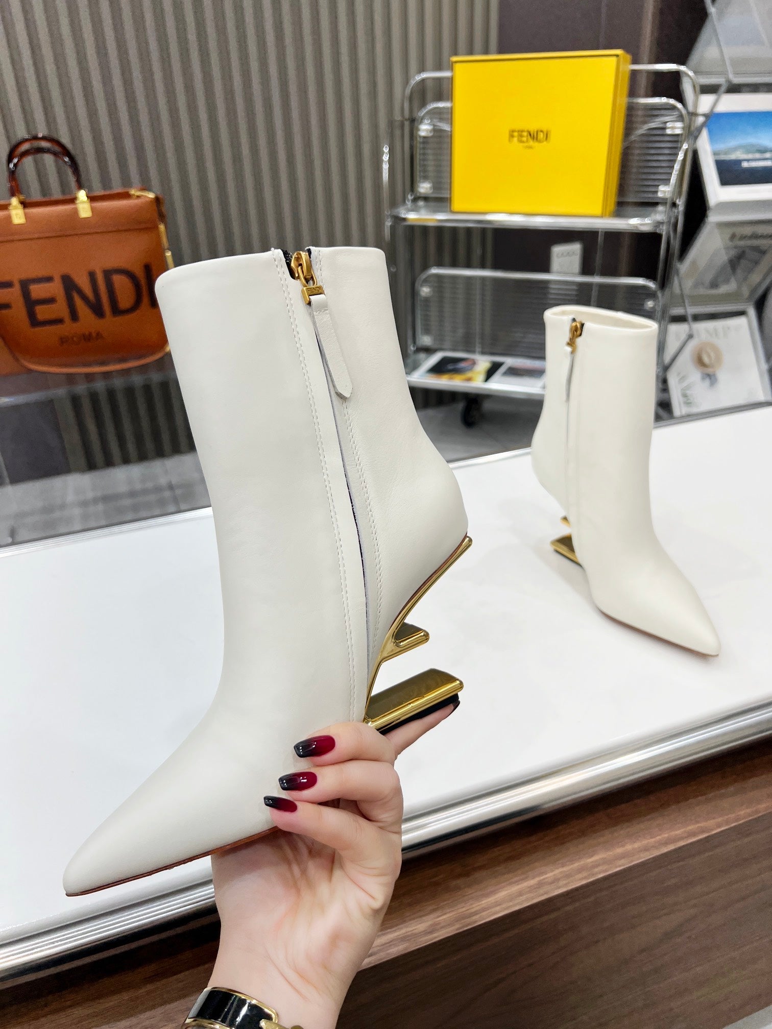 FENDI First Wedge Boots White Sheepskin 521225