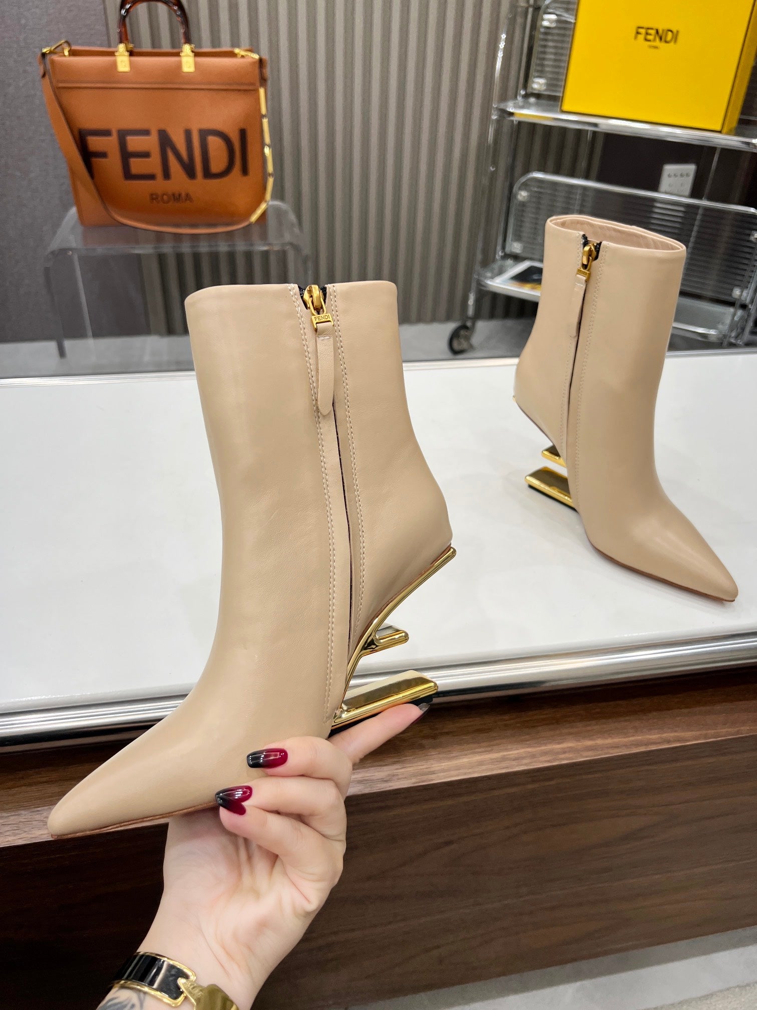 FENDI First Wedge Boots Light Beige Sheepskin 521224
