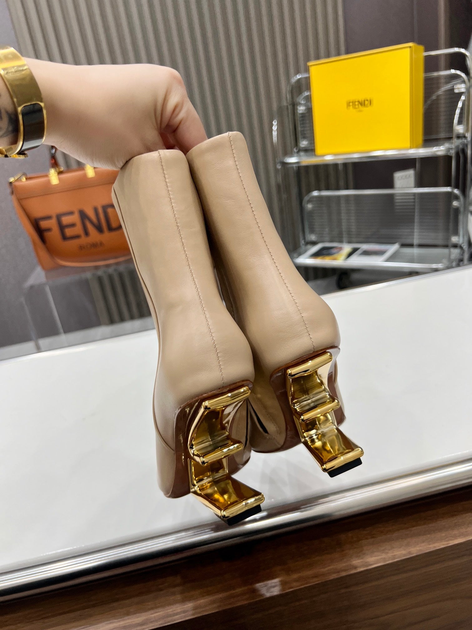 FENDI First Wedge Boots Light Beige Sheepskin 521224