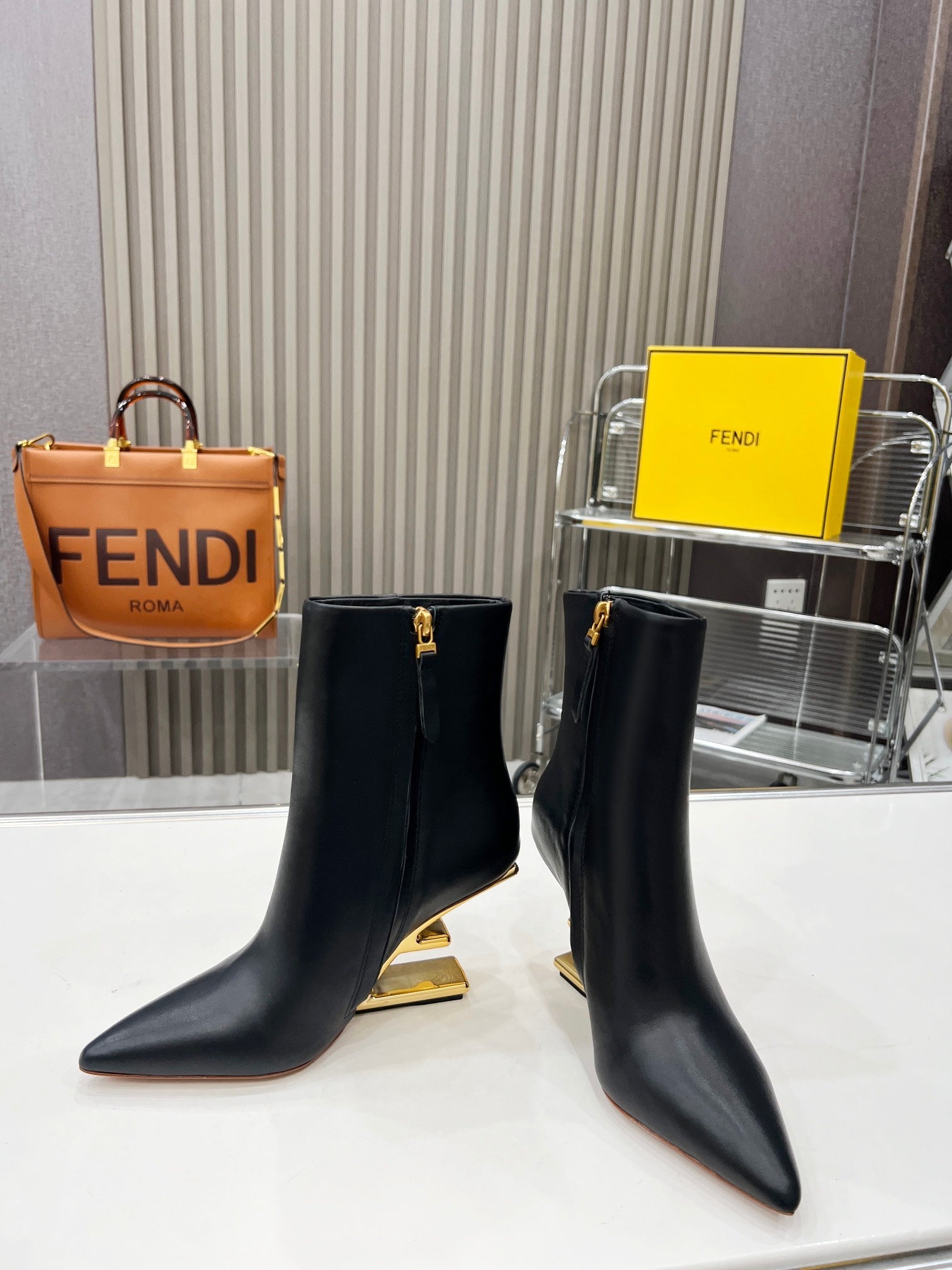 FENDI First Wedge Boots Black Sheepskin 521226