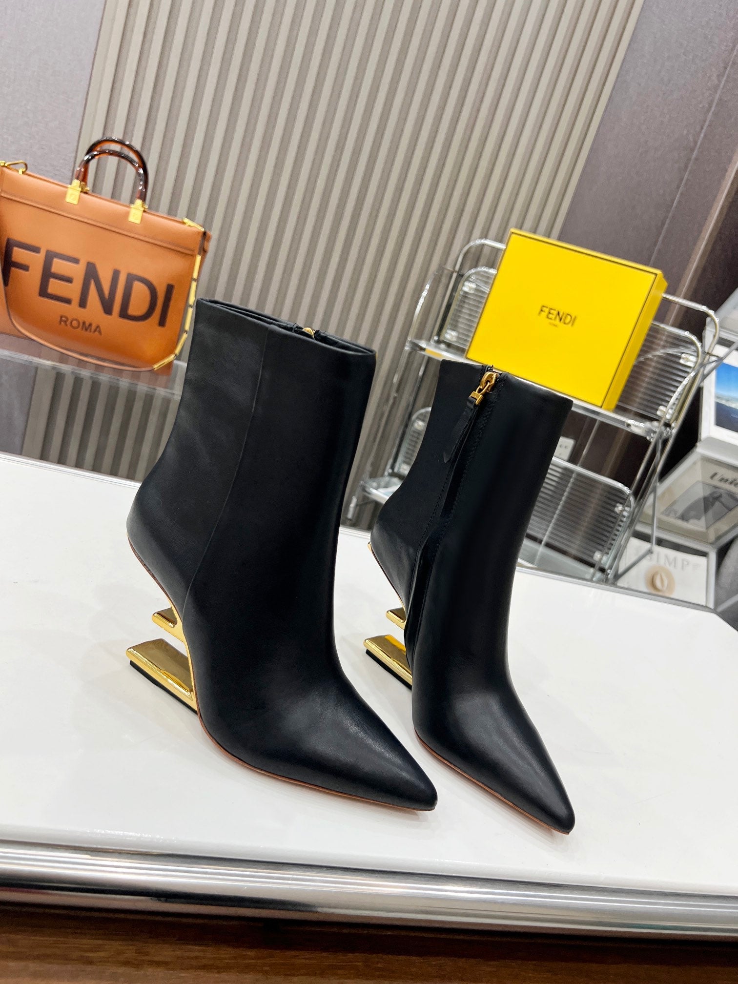 FENDI First Wedge Boots Black Sheepskin 521226