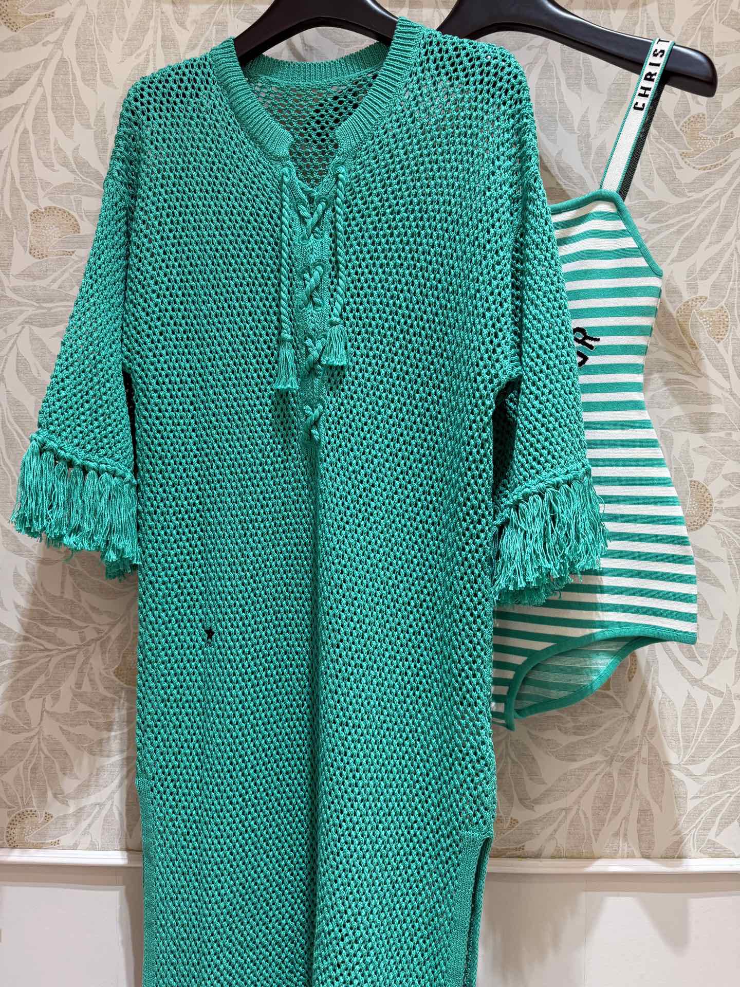 CD Hollow Woven Dress Green cotton