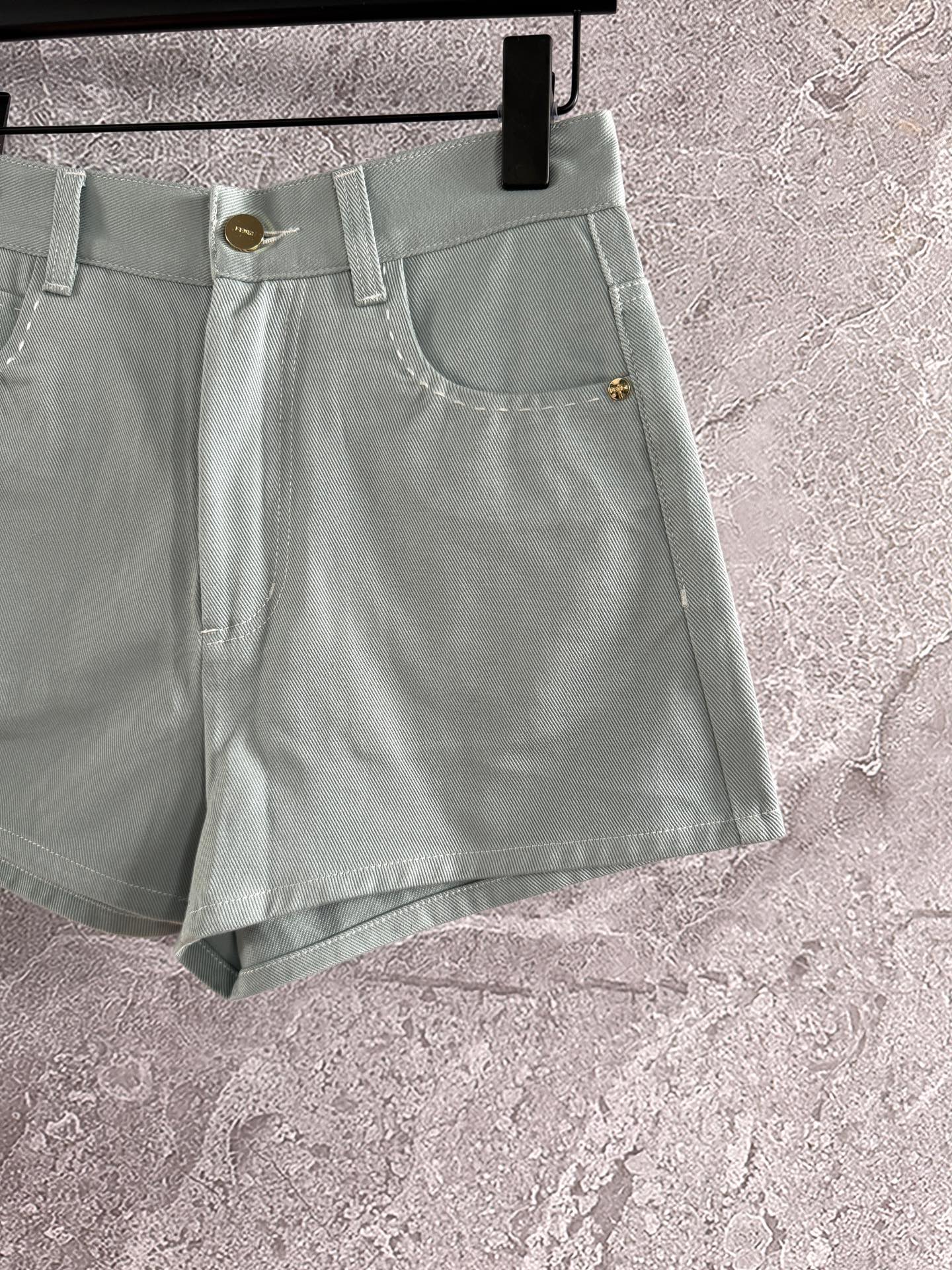Fendi Hand-made Needle-picking Shorts Blue Green  Cotton