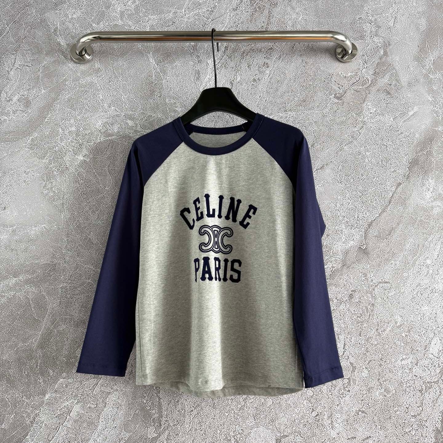 Celine 25 Flocked T-shirt Gray mix Navy Blue Cotton