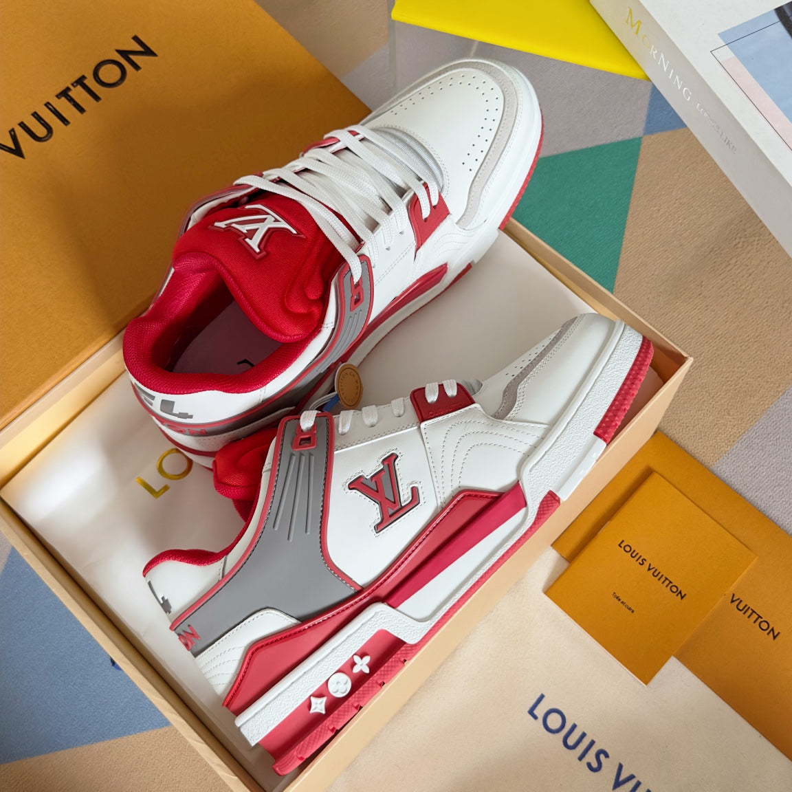 LV Trainer Sneaker 30mm White Mix Red Cowhide
