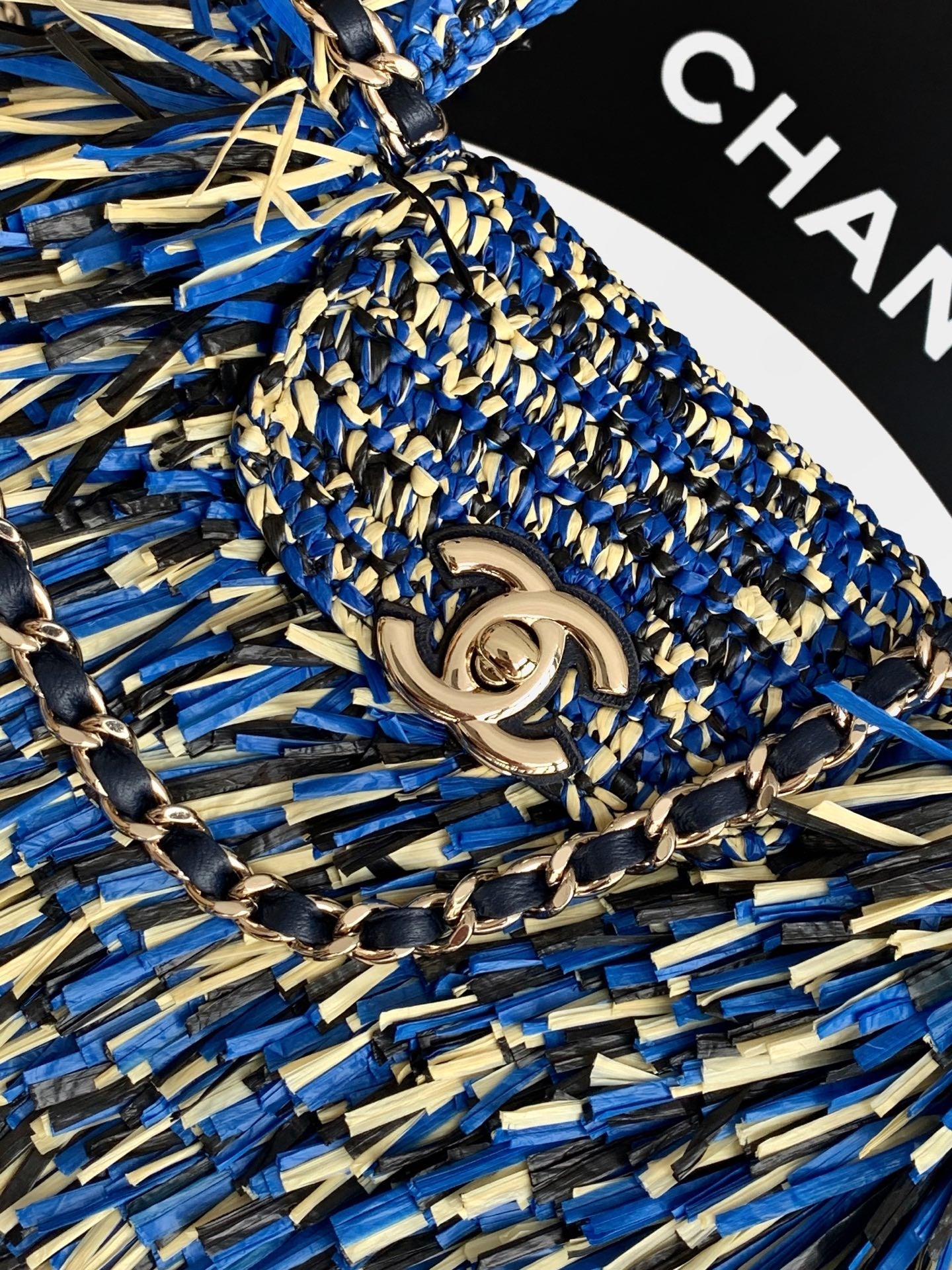Chanel 2026 Bag 19cm Blue Black Yellow Raffia Leather