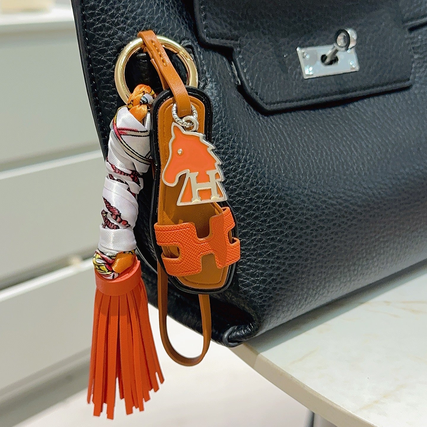 HM Brown Sandal With Twilly Scarf Charm With Orange Horse Head