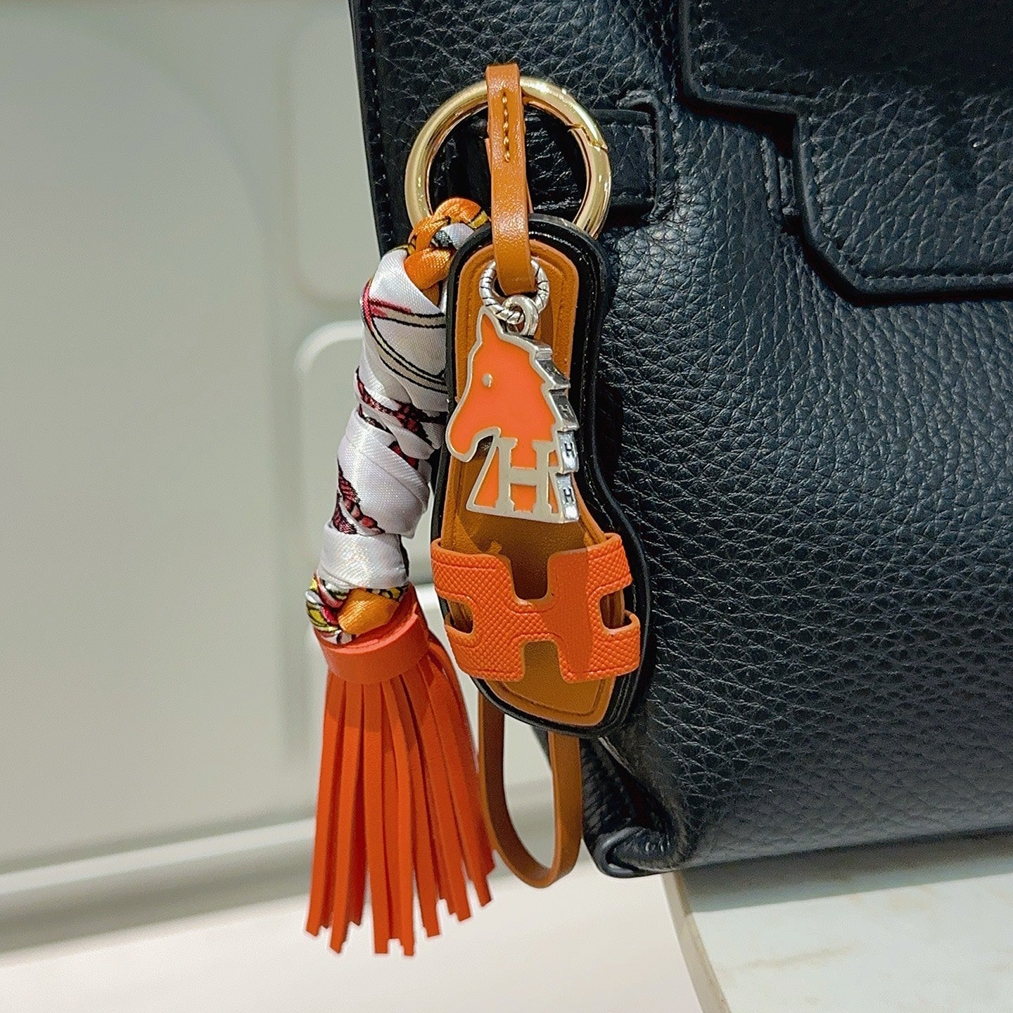 HM Brown Sandal With Twilly Scarf Charm With Orange Horse Head