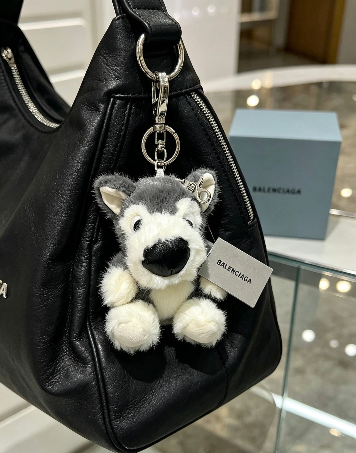 Balenciaga Gray And White Puppy Plush Bag Charm