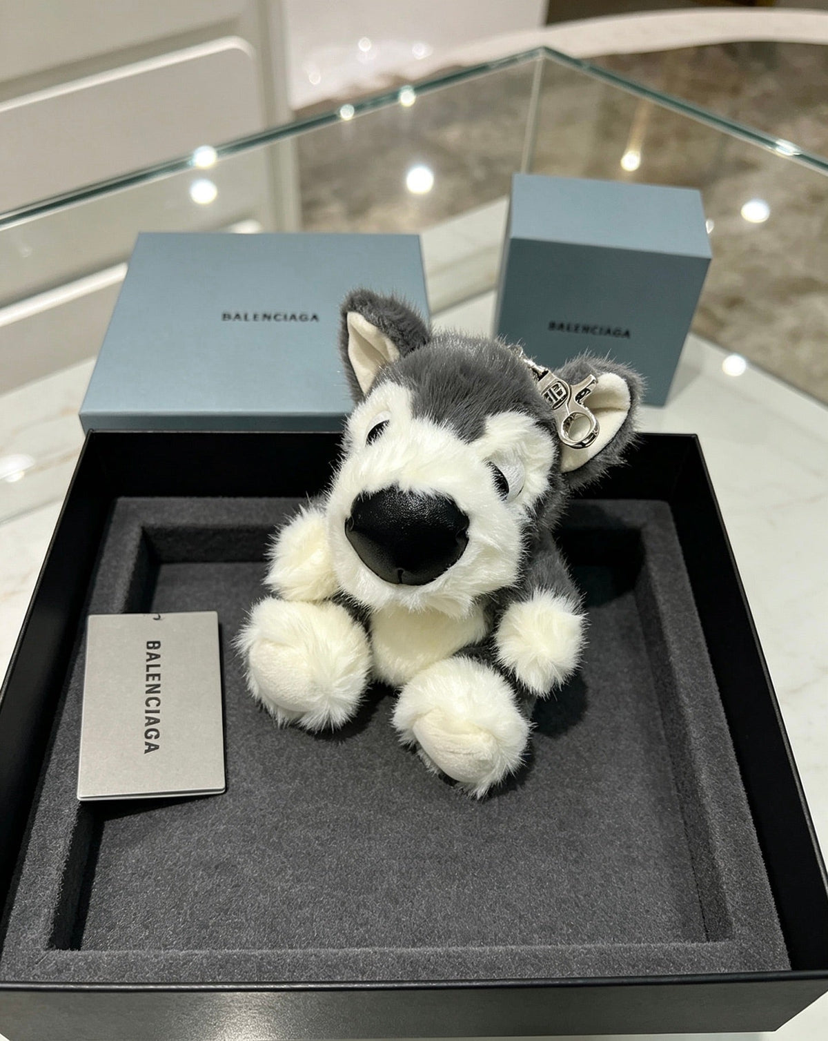Balenciaga Gray And White Puppy Plush Bag Charm