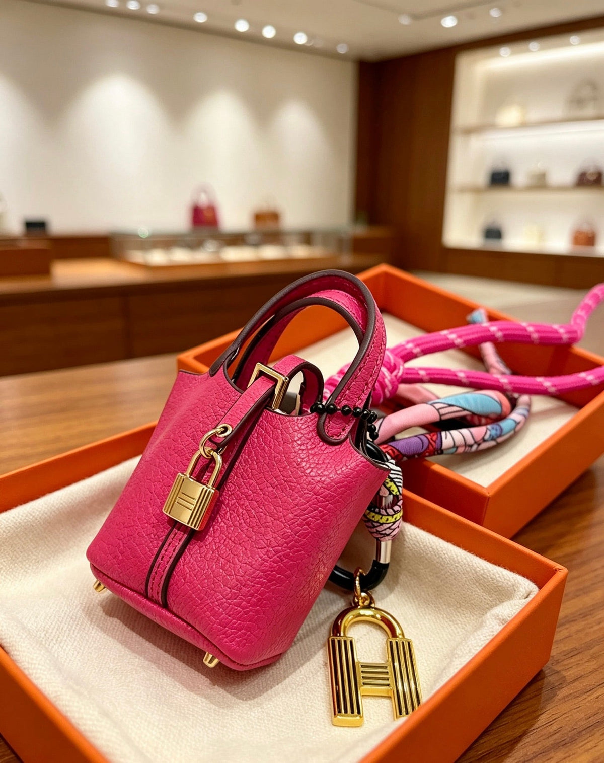 Hermes Pink Gold Bucket Bag Charm