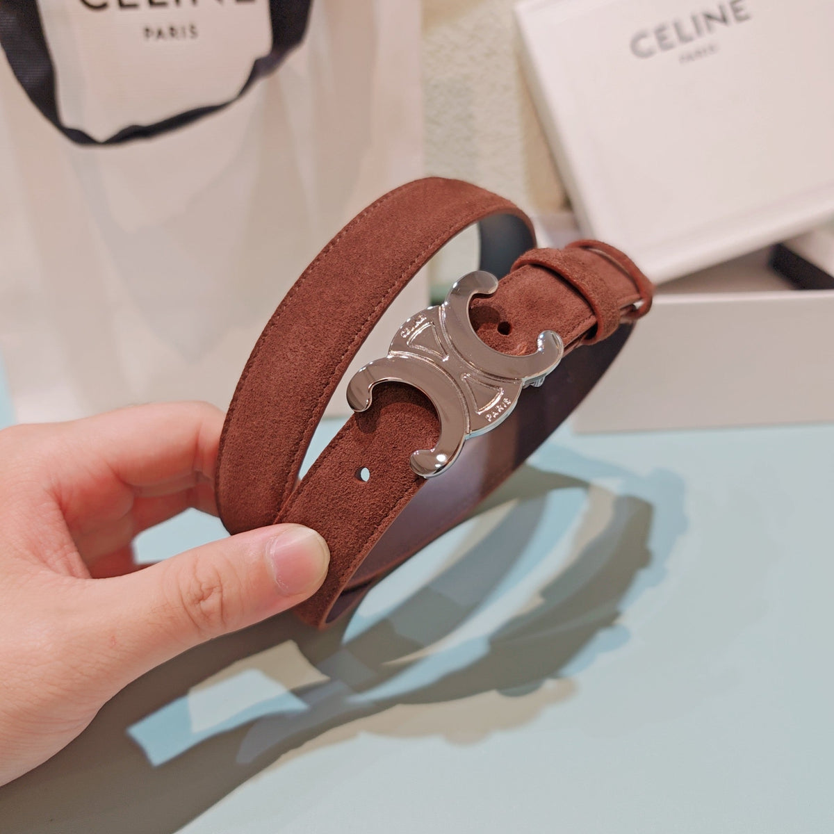 Celine 2026 Medium Triomphe Silver Belt 25mm Suede 194538